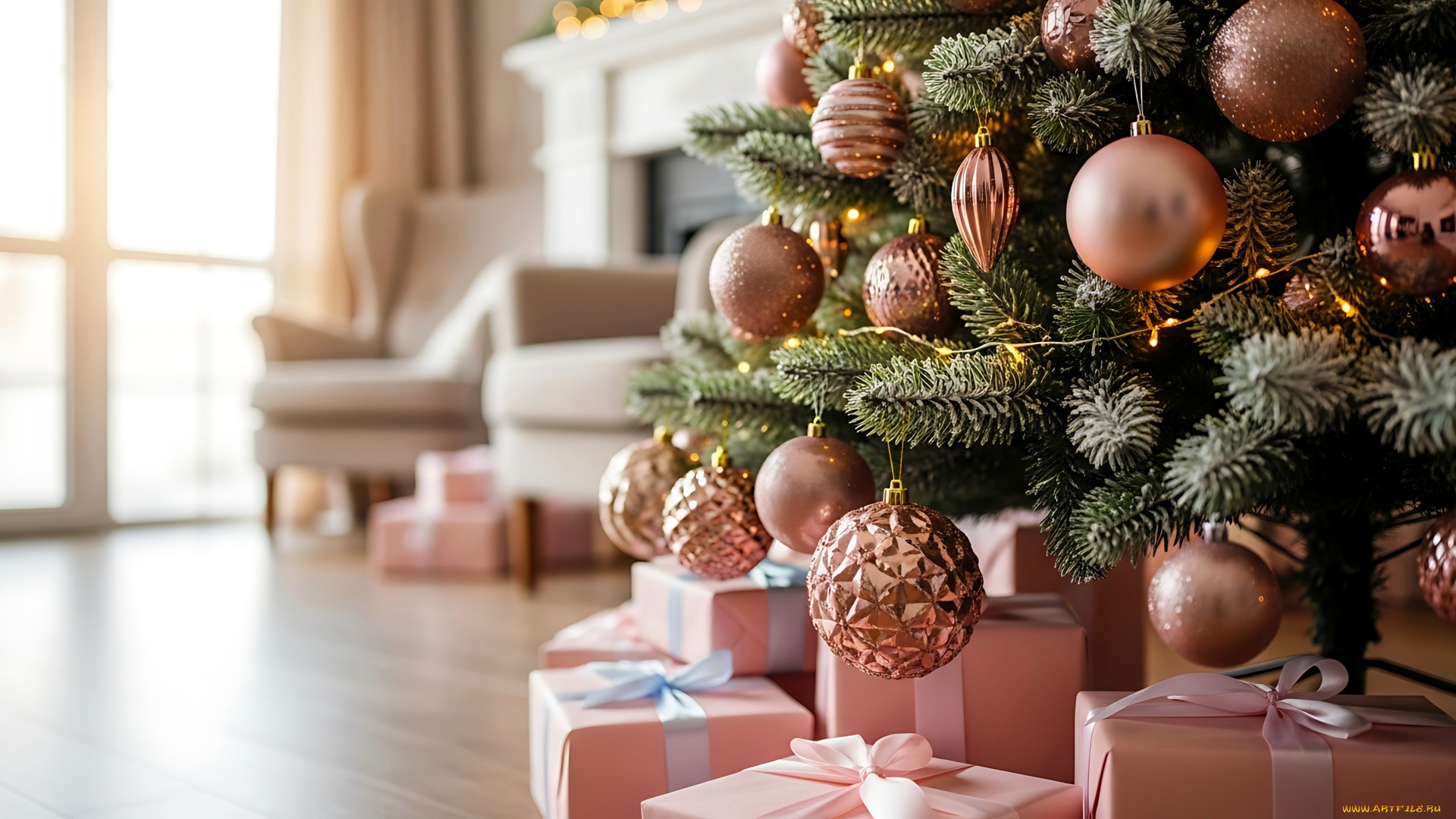 праздничные, ёлки, ёлка, украшения, подарки, кресла, камин