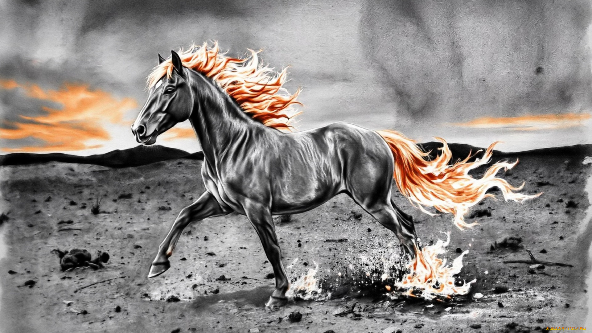рисованное, животные, , лошади, лошадь, огонь, закат, горы, земля