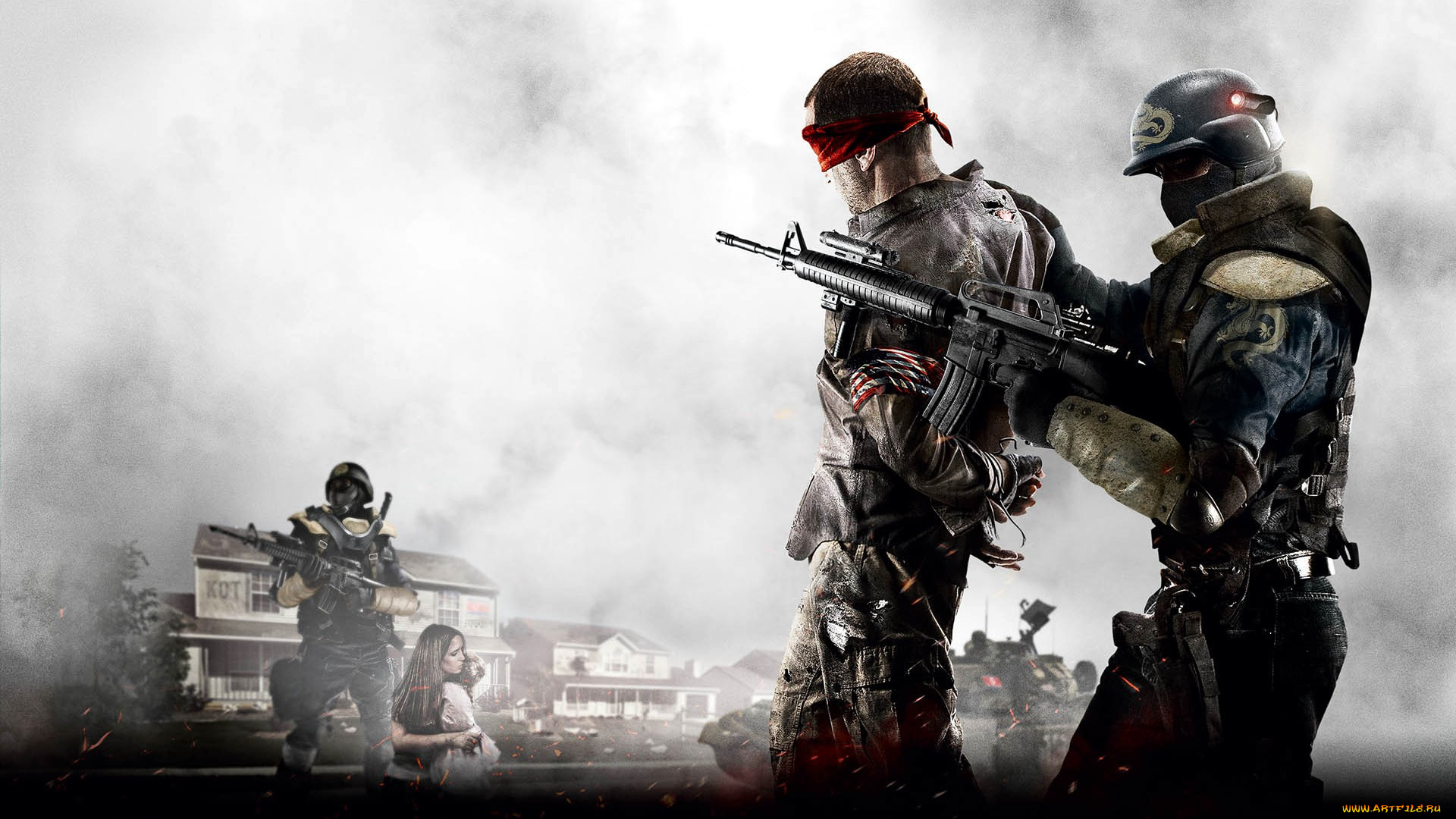 видео, игры, homefront, люди, оружие, заложники, туман, дома