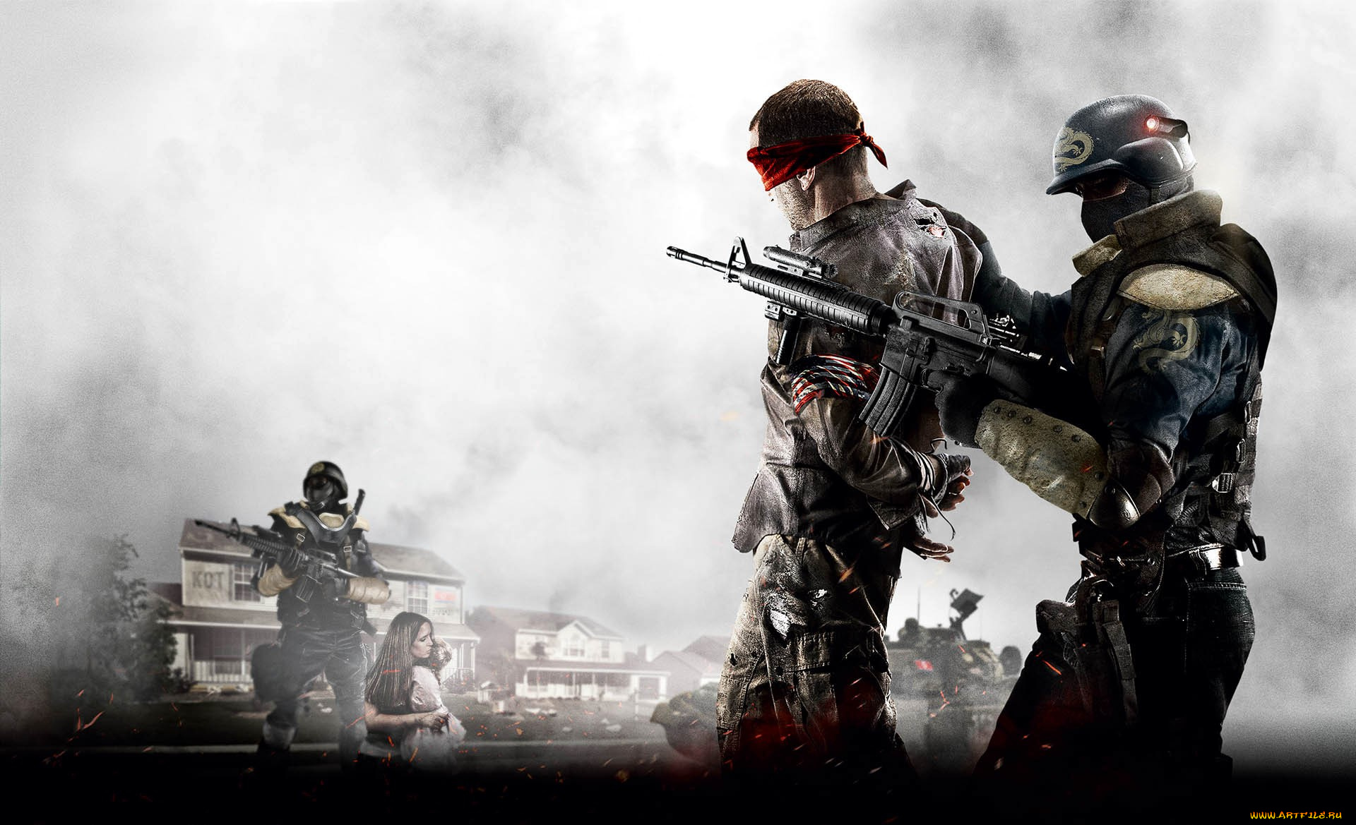 видео, игры, homefront, люди, оружие, заложники, туман, дома