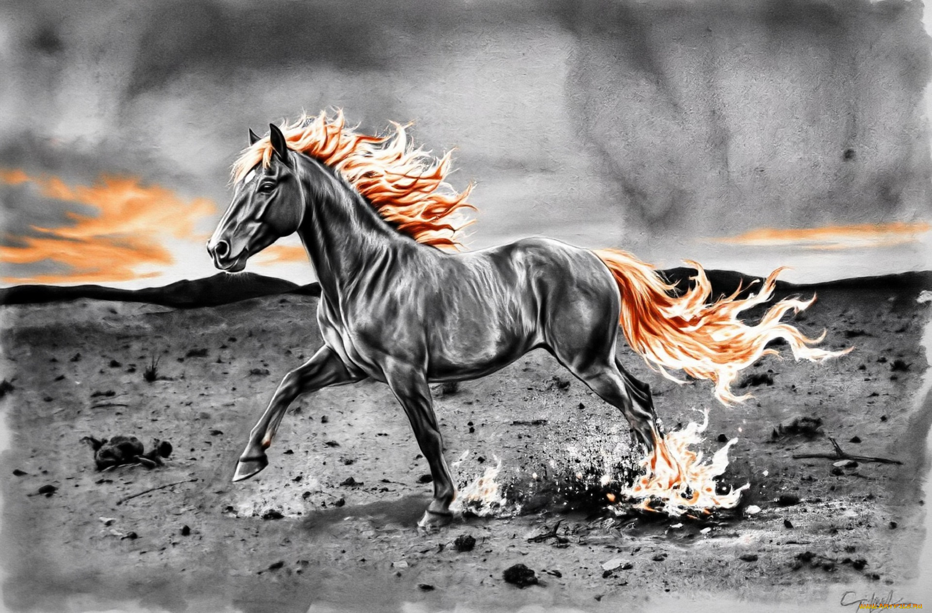 рисованное, животные, , лошади, лошадь, огонь, закат, горы, земля