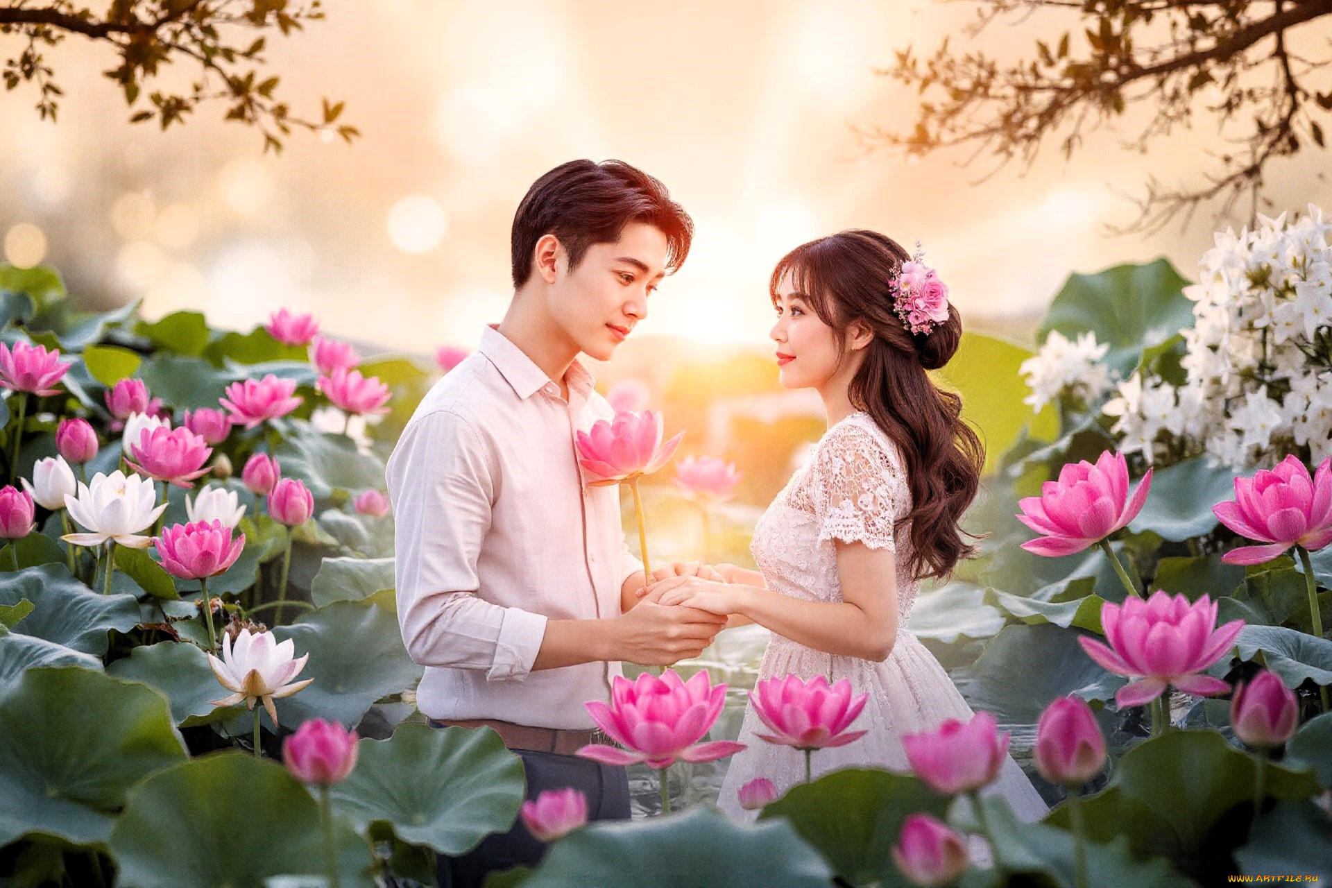 3д, графика, люди, , people, парень, девушка, любовь, озеро, лотосы, ветки