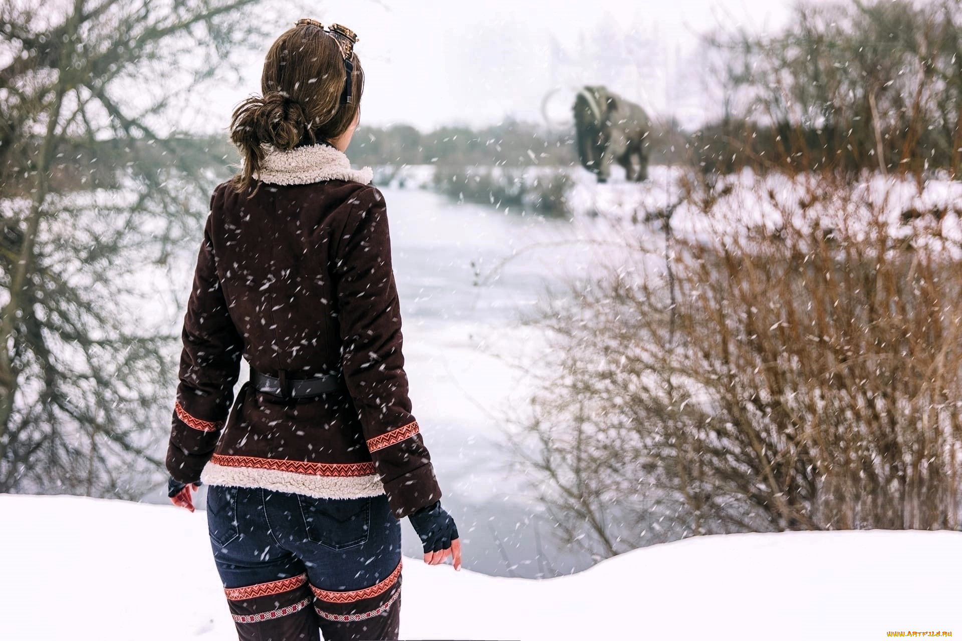 девушки, анна, шаховская, образ, косплей, наряд, куртка, снег, зима, озеро, лес, мамонт