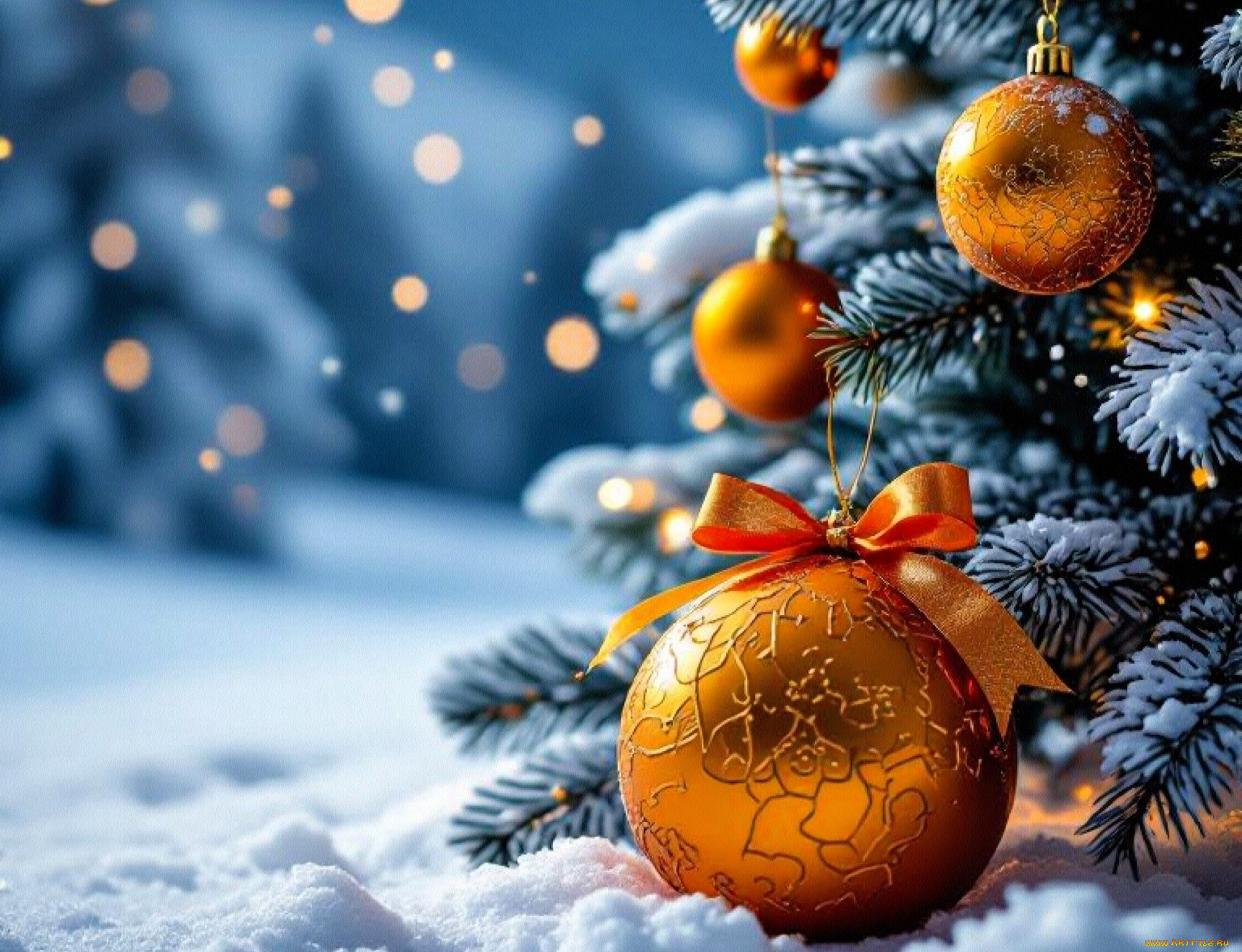 праздничные, украшения, ёлка, шары, снег, зима, блики