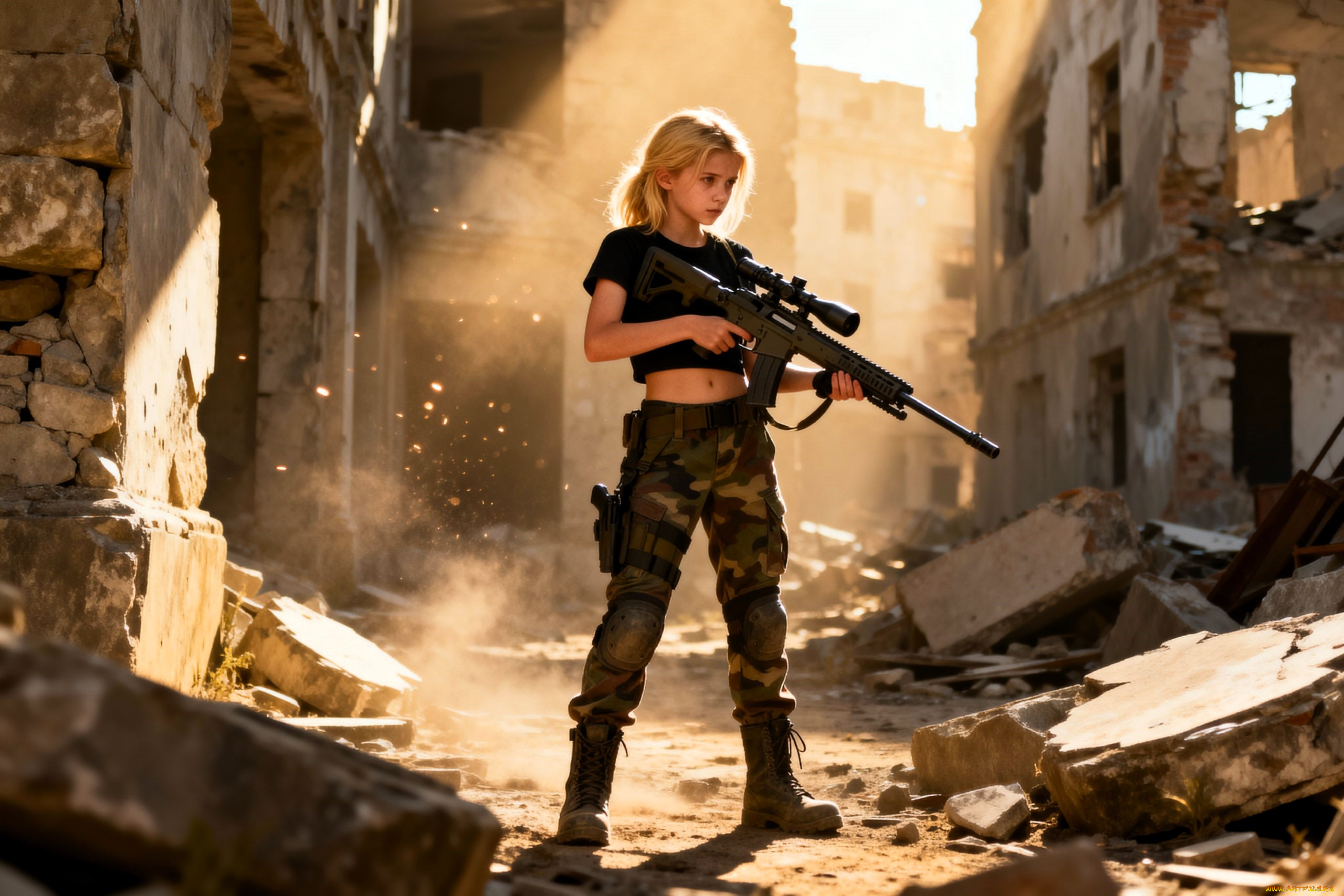 3д, графика, люди, , people, девочка, блондинка, топ, штаны, берцы, винтовка, развалины