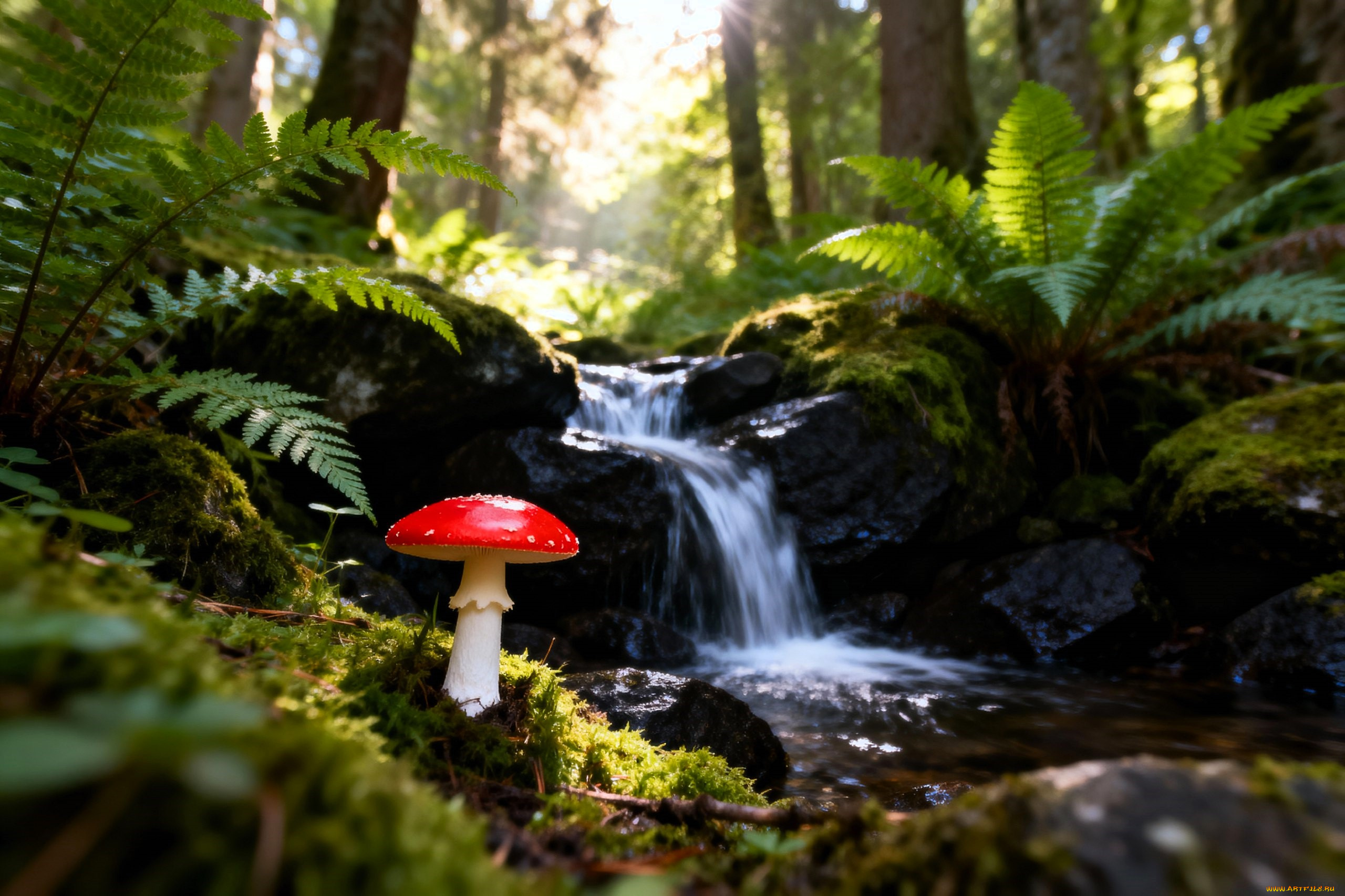 3д, графика, природа, , nature, лес, деревья, папоротник, камни, ручей, гриб, мухомор