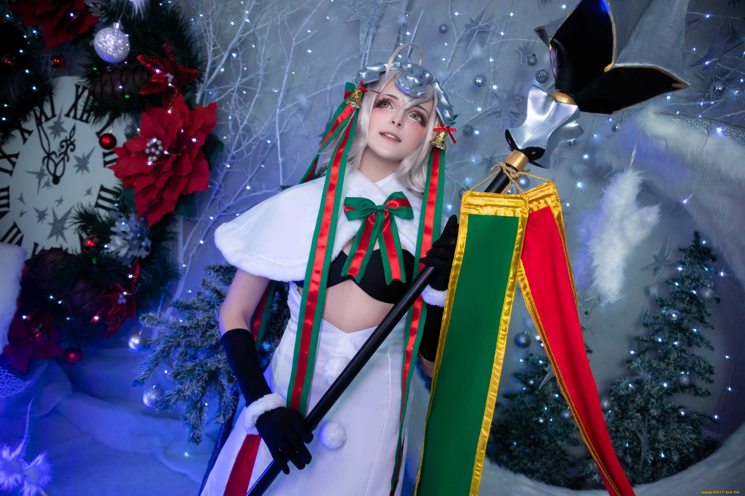 девушки, mari, aisu, образ, косплей, наряд, костюм, новый, год, посох, часы, украшения, ёлки