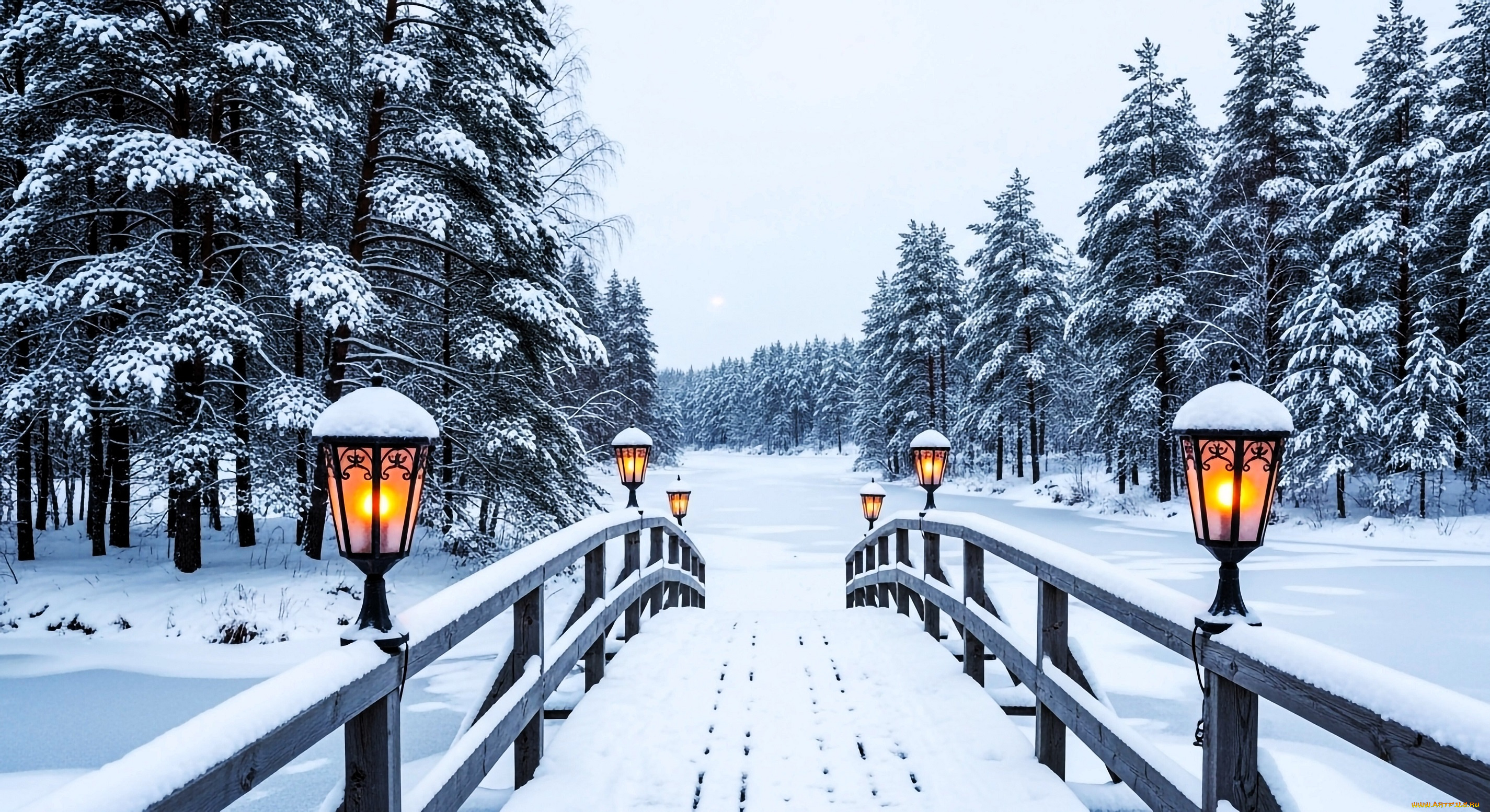 3д, графика, природа, , nature, лес, снег, зима, дорога, мост, фонари