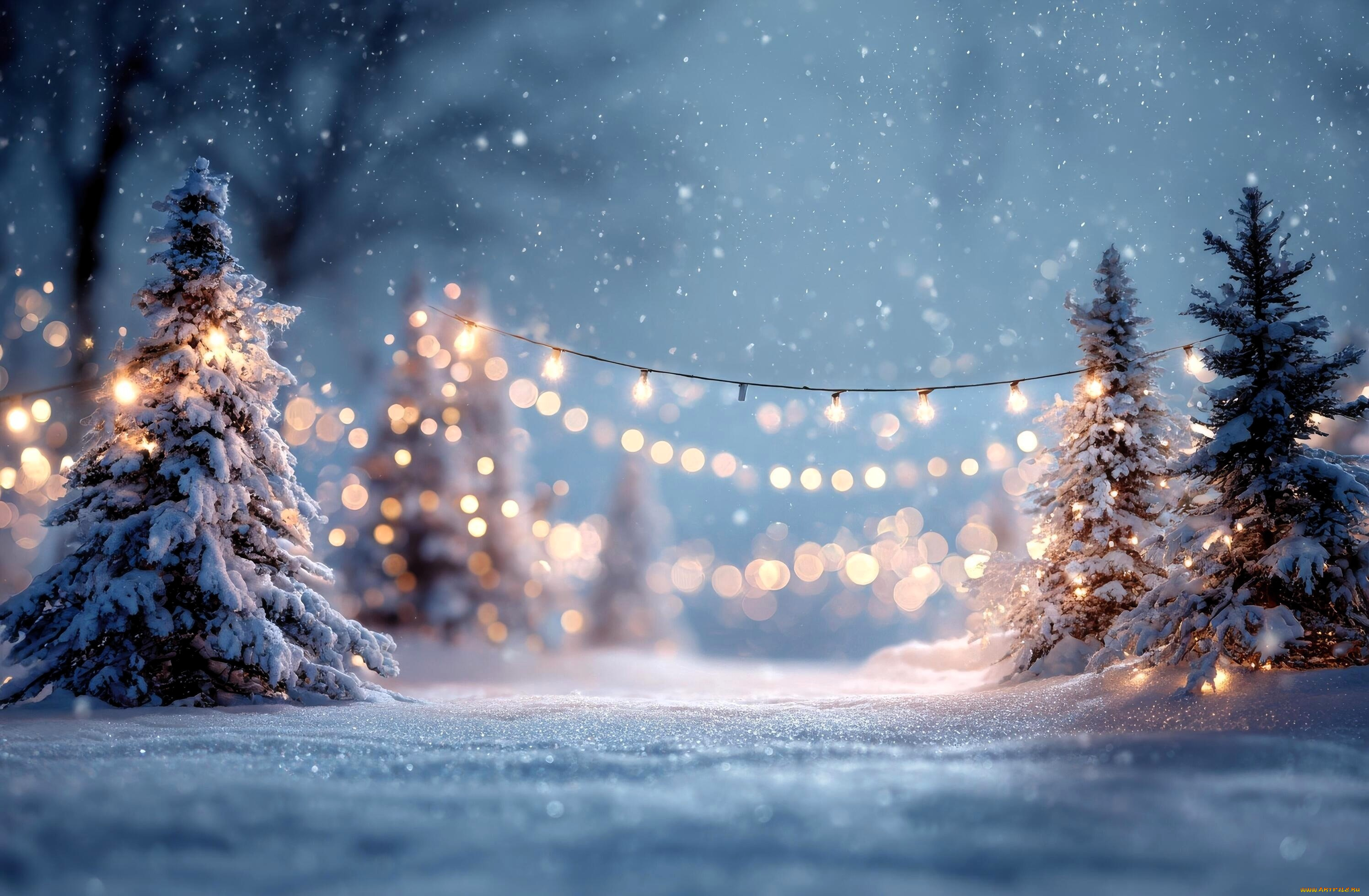 праздничные, ёлки, снег, зима, гирлянды, новый, год
