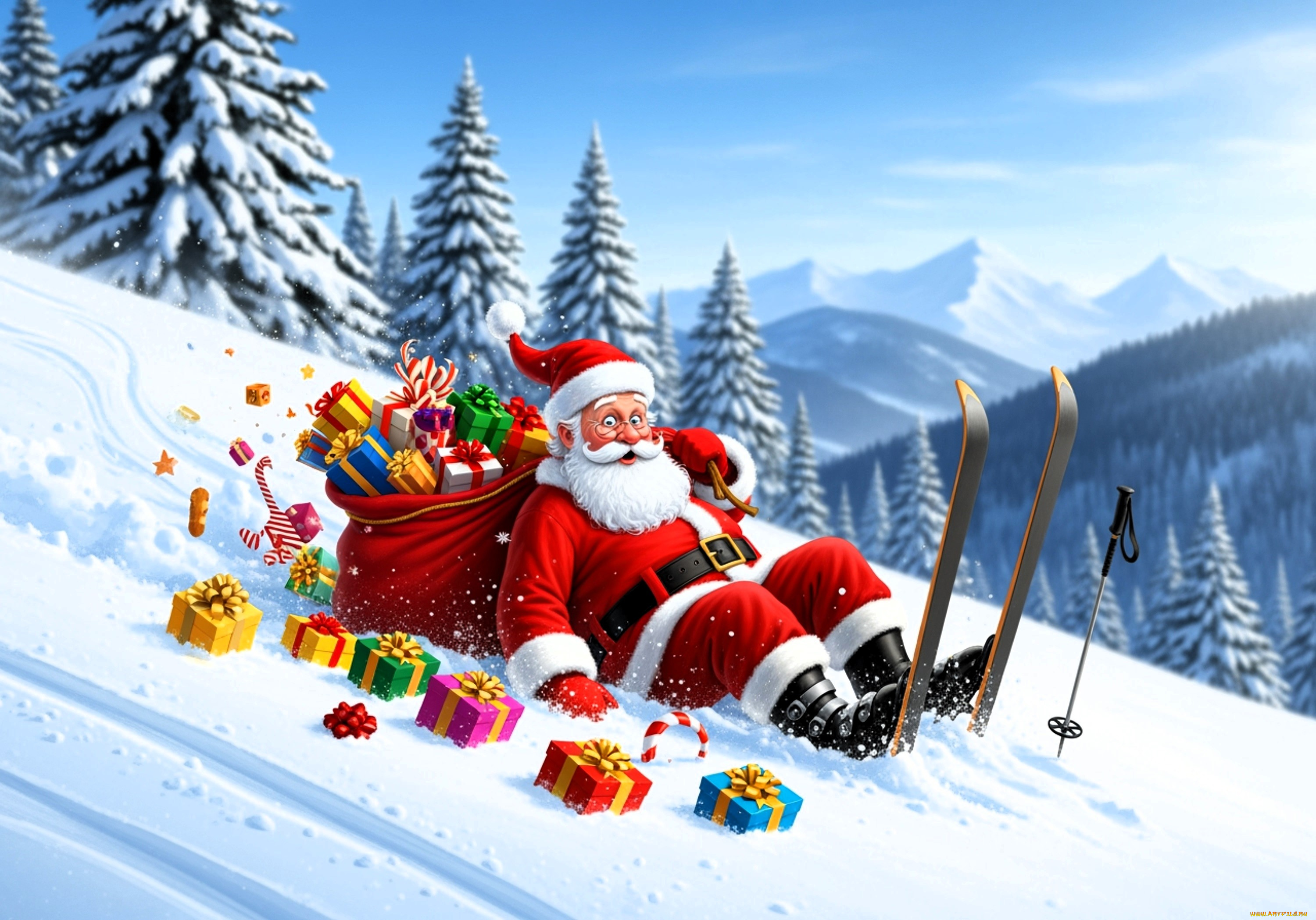 праздничные, дед, мороз, , санта, клаус, санта, клаус, лыжи, снег, подарки, мешок
