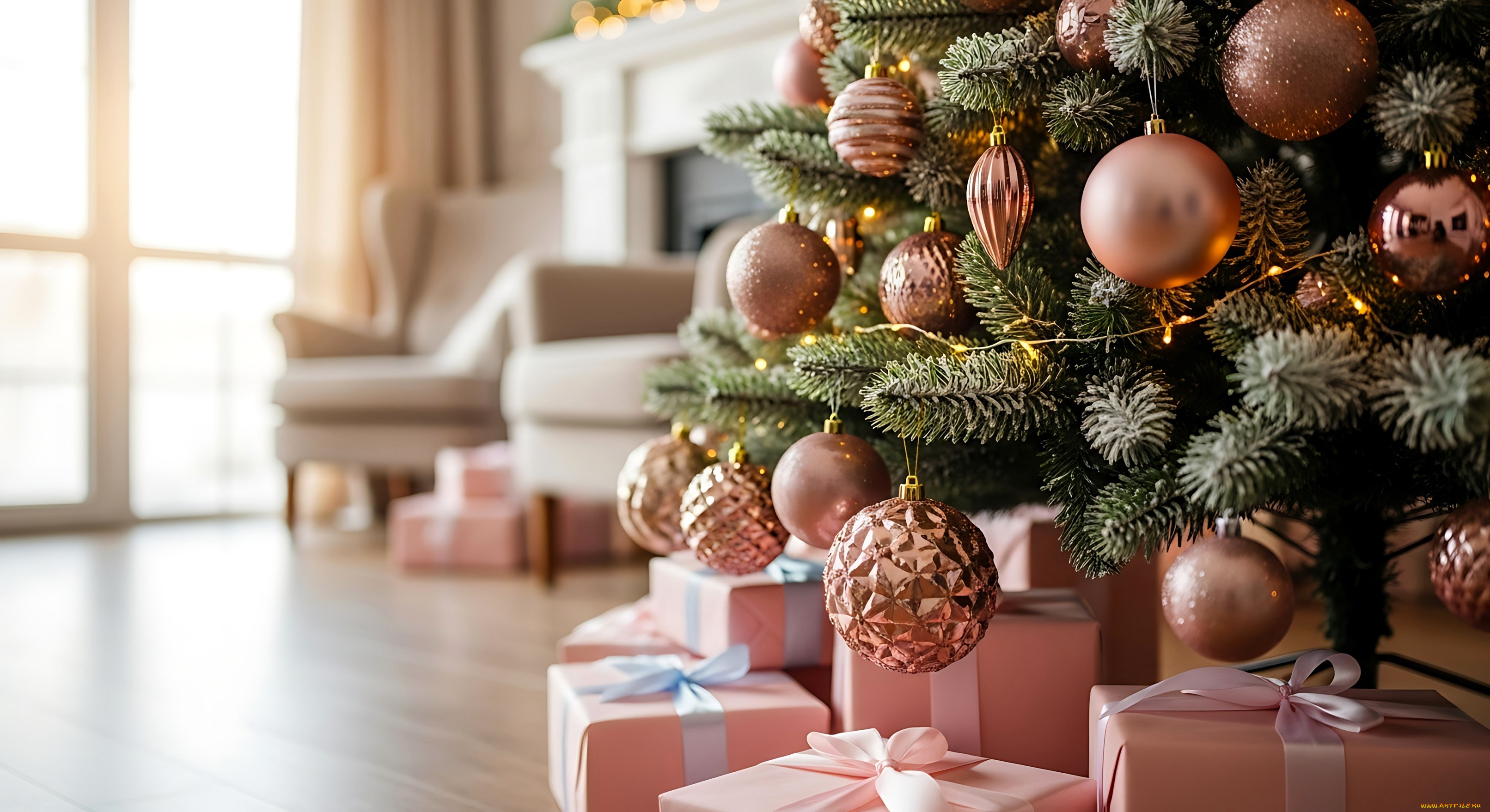 праздничные, ёлки, ёлка, украшения, подарки, кресла, камин