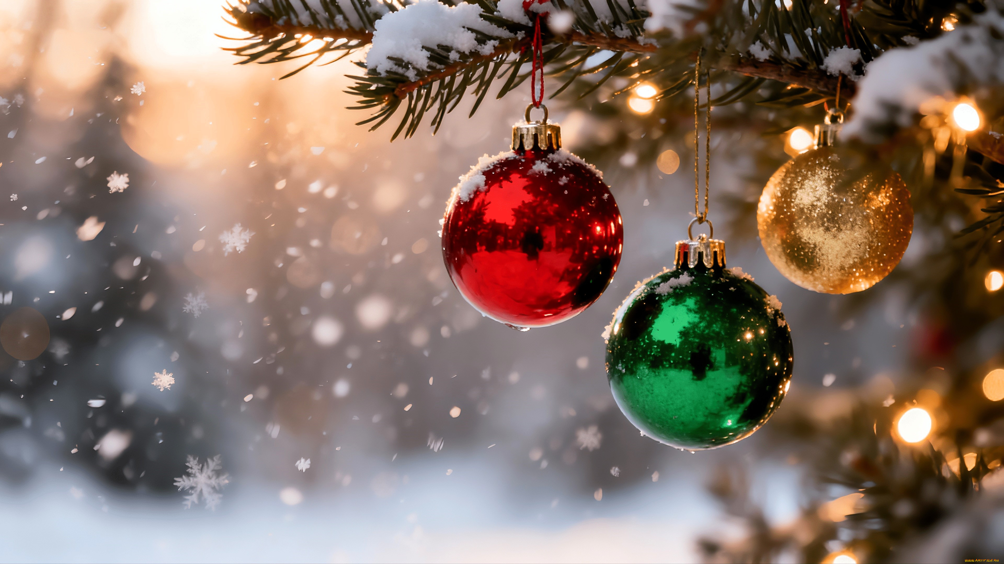 праздничные, украшения, ёлка, шарики, снег