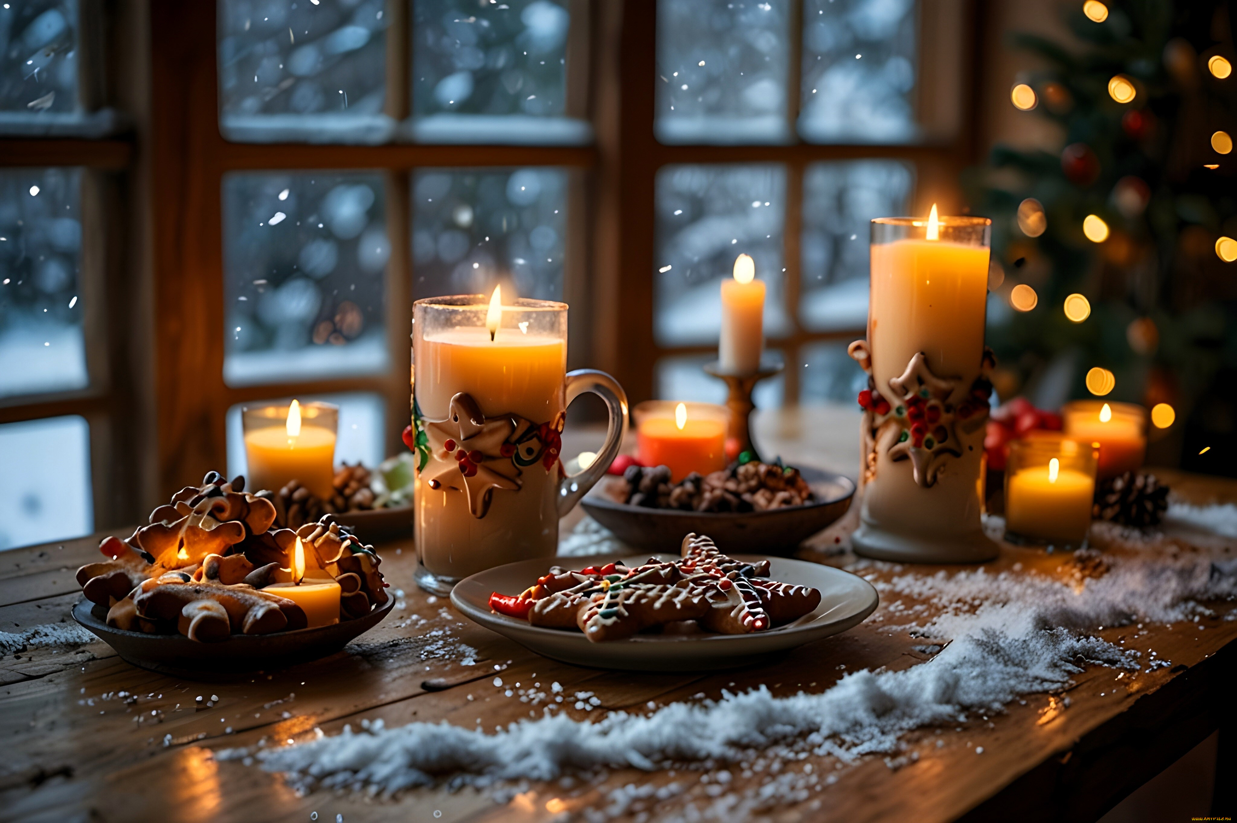 праздничные, угощения, свечи, тарелки, пряники, стол, ёлка, снег, окно