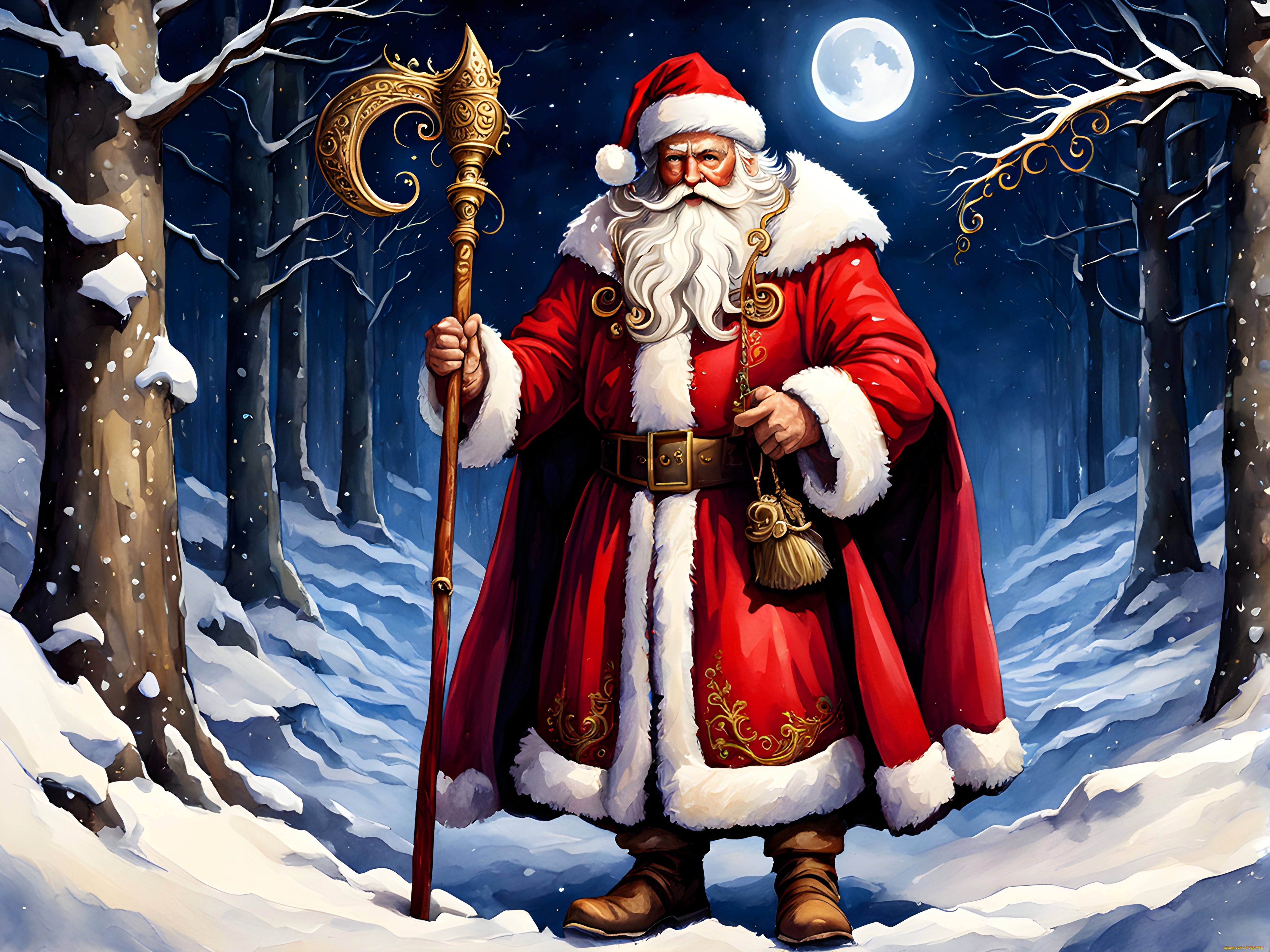 праздничные, дед, мороз, , санта, клаус, дед, мороз, посох, луна, лес, снег
