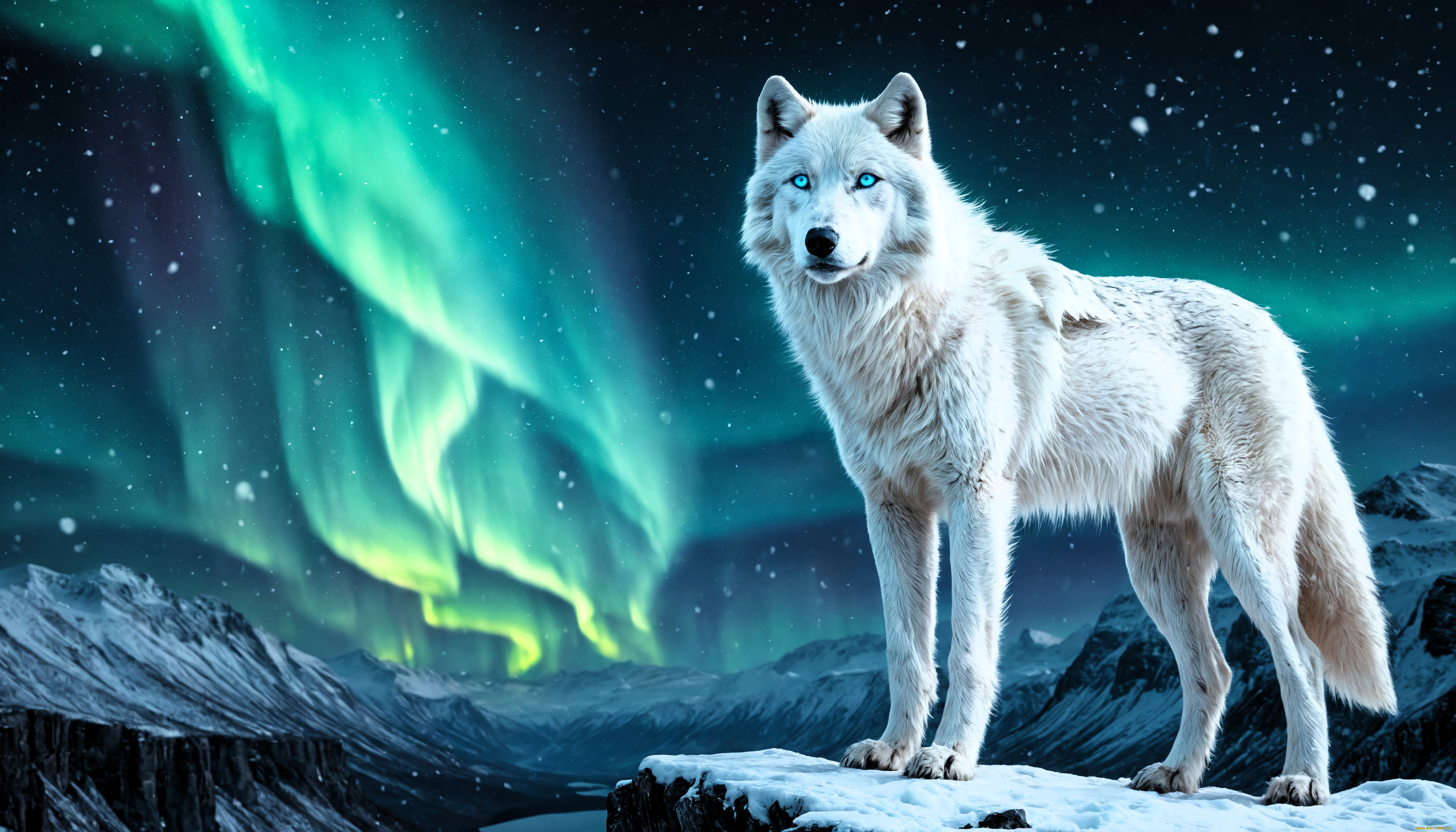 3д, графика, животные, , animals, волк, белый, скалы, снег, северное, сияние