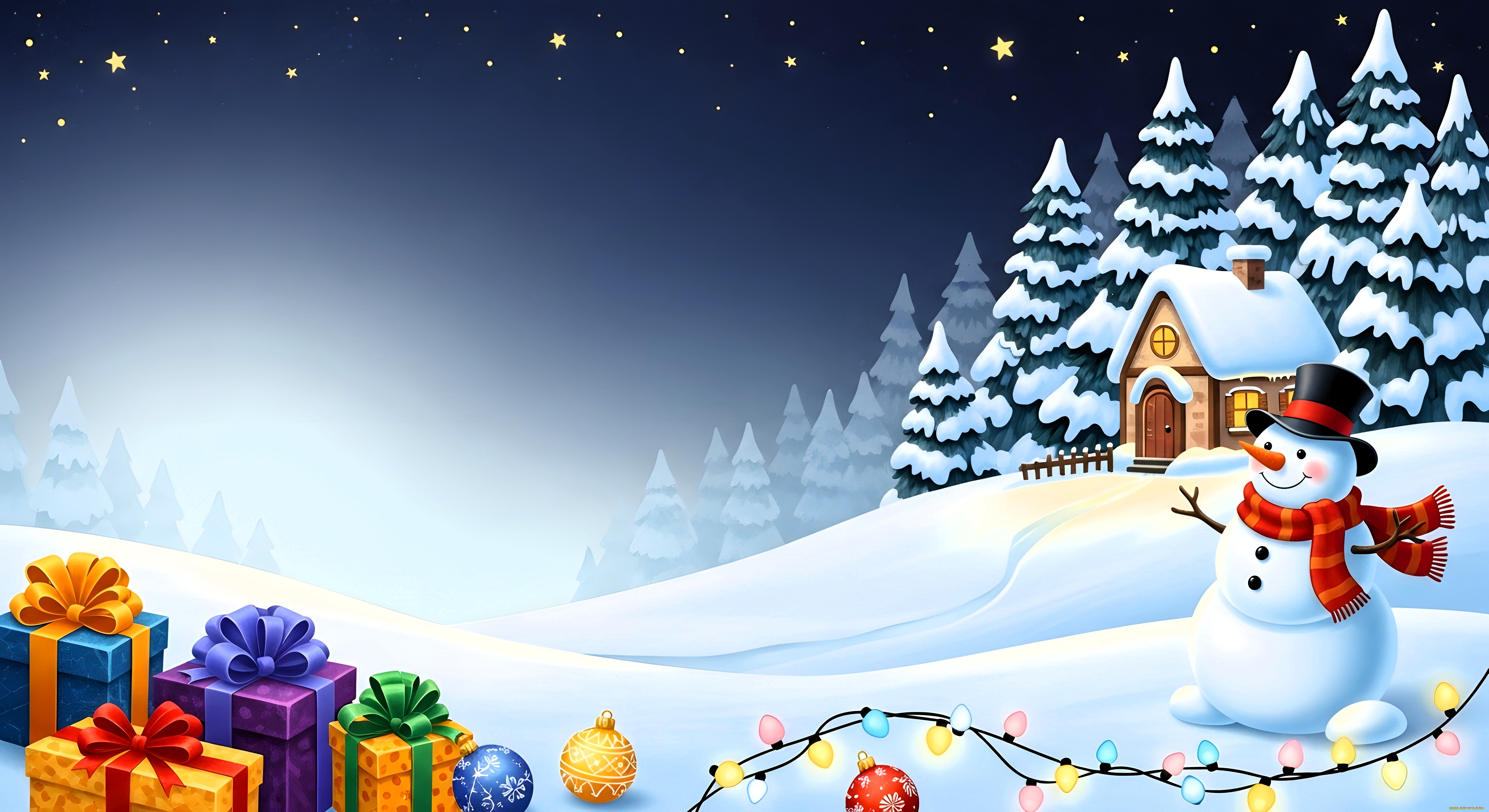 праздничные, снеговики, ёлки, домик, снеговик, снег, подарки, гирлянда, звезды