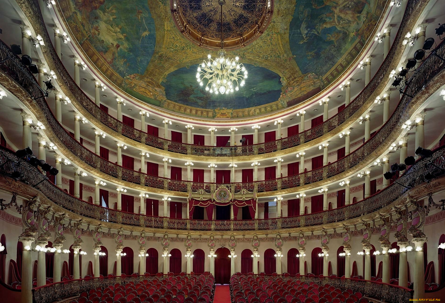 оперный, театр, сан, паулу, бразилия, интерьер, театральные, концертные, кинозалы, зал, ложи, люстра, роспись