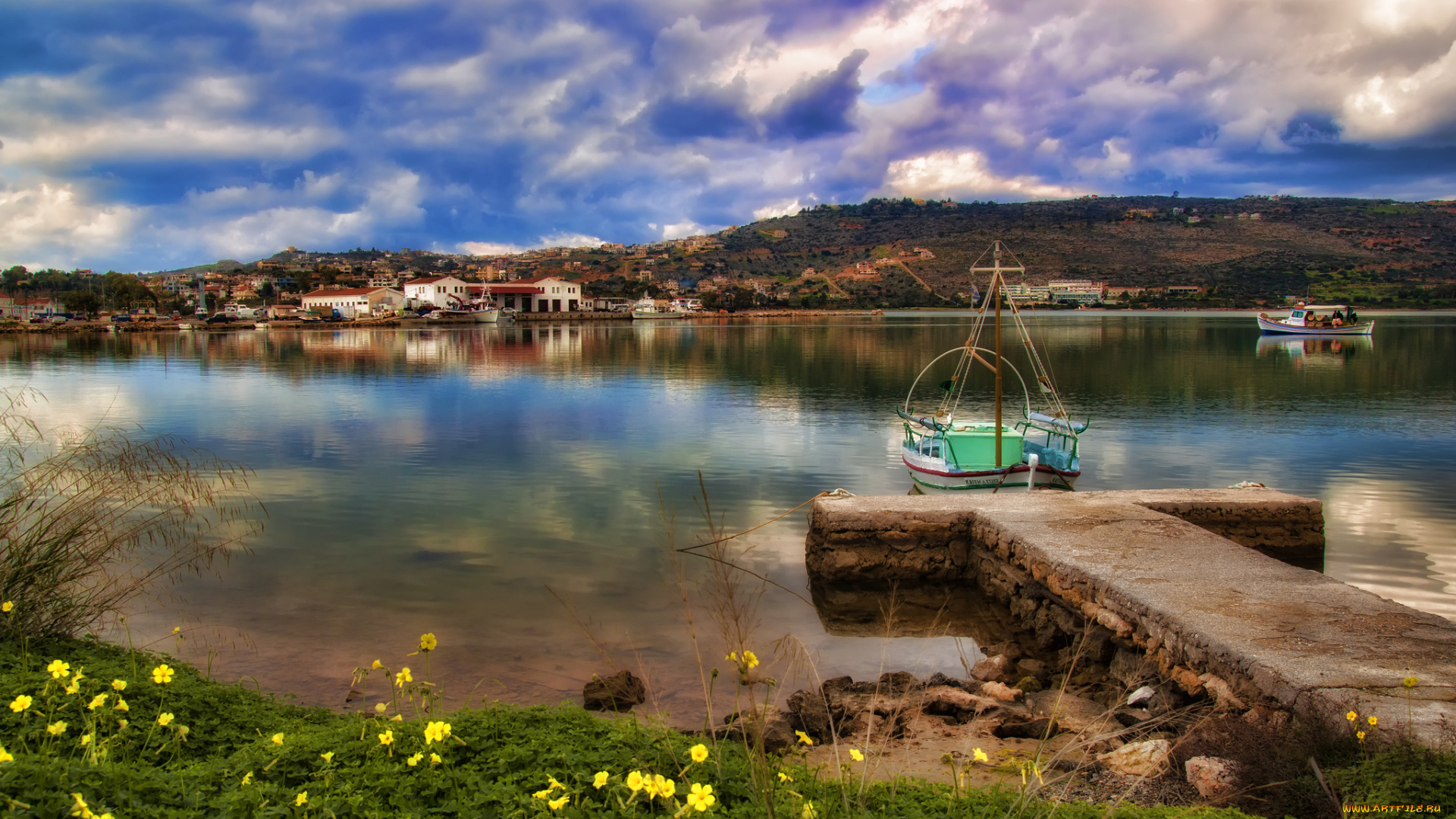 корабли, порты, причалы, каменный, причал, баркас, городок, озеро