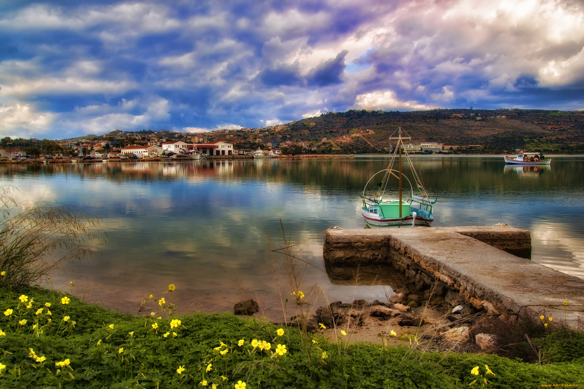 корабли, порты, причалы, каменный, причал, баркас, городок, озеро