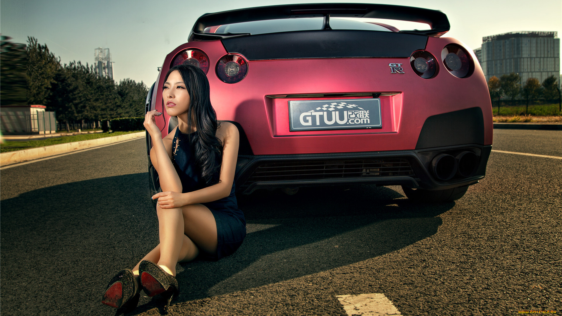 автомобили, авто, с, девушками, красный, nissan, gt-r, азиатка, автомобиль, девушка