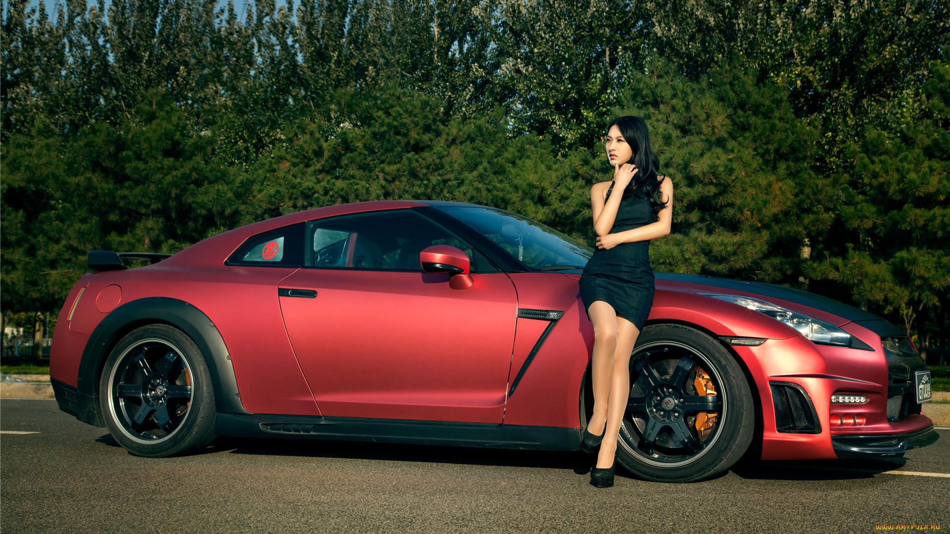 автомобили, авто, с, девушками, красный, nissan, gt-r, автомобиль, азиатка, девушка