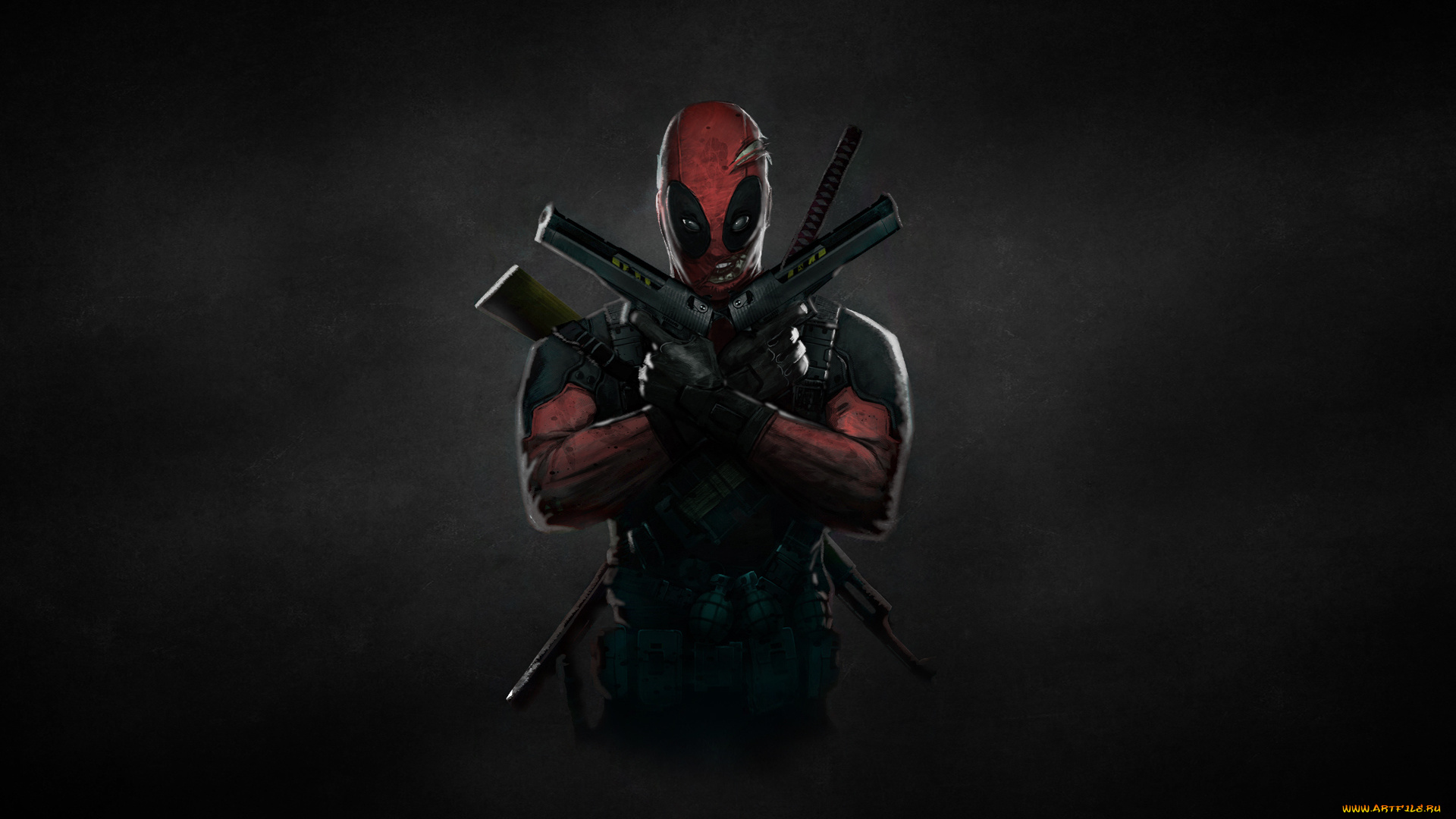 deadpool, рисованные, комиксы, дэдпул, пушки, красный, комикс, темный, фон, оружие
