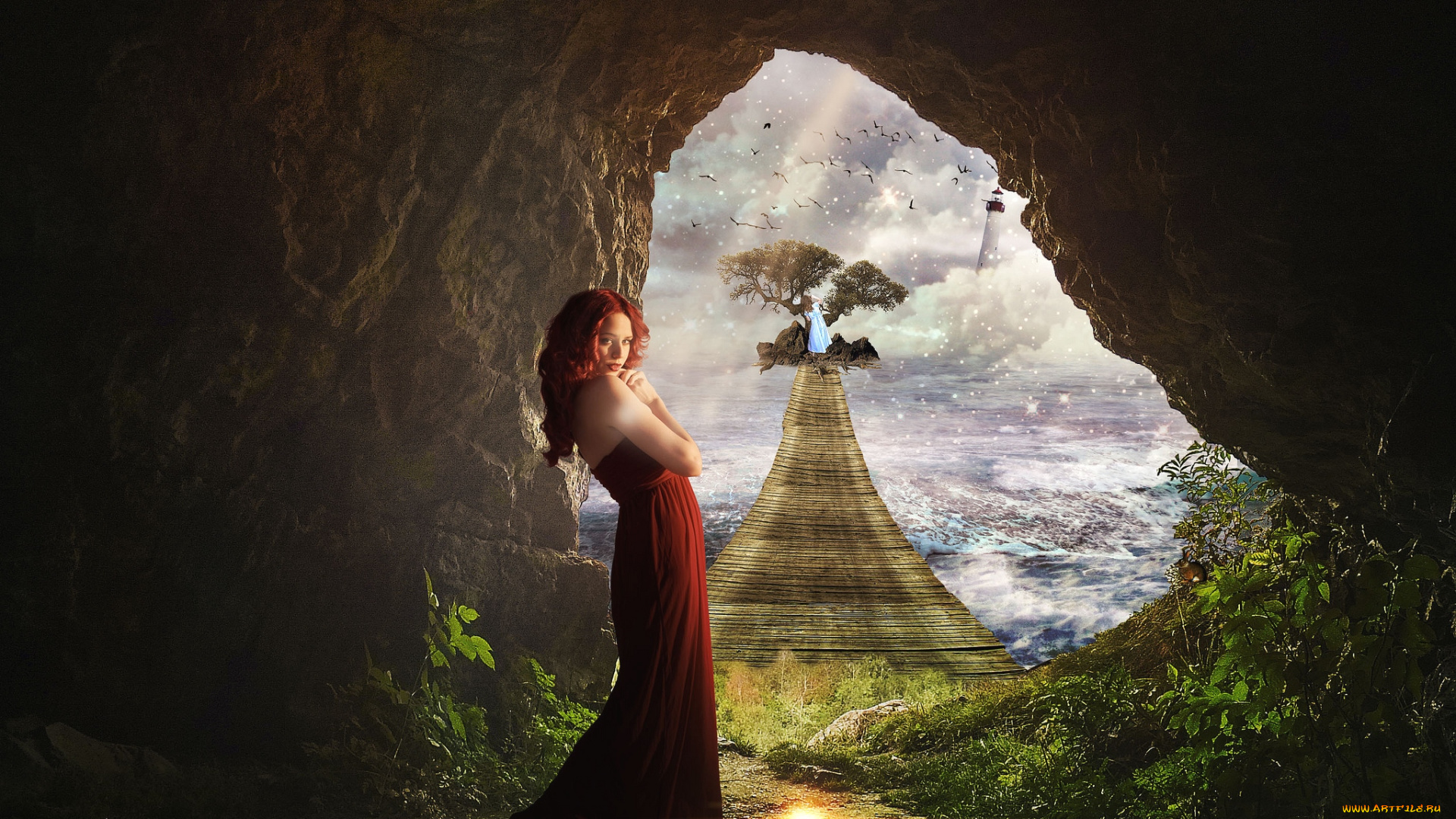 фэнтези, девушки, девушка, грот, вода
