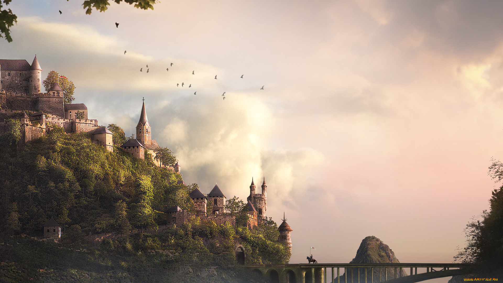 фэнтези, замки, замок, небо, пейзаж, всадник