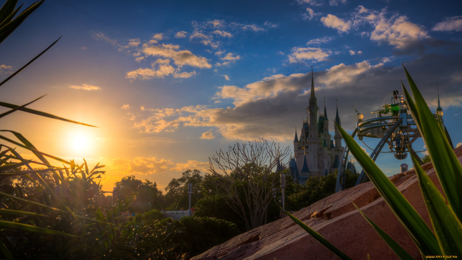 города, диснейленд, утро, волшебное, королевство, замок, золушки, рассвет, солнце