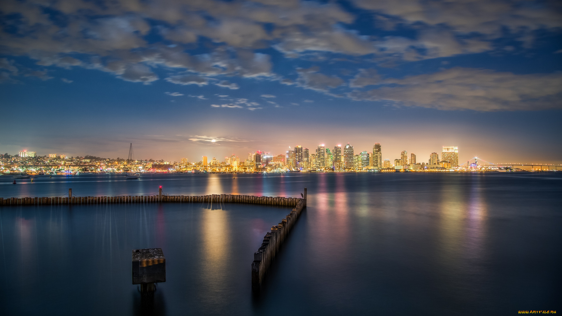 города, сан-диего, , сша, америка, вода, здания, огни, панорама, дома