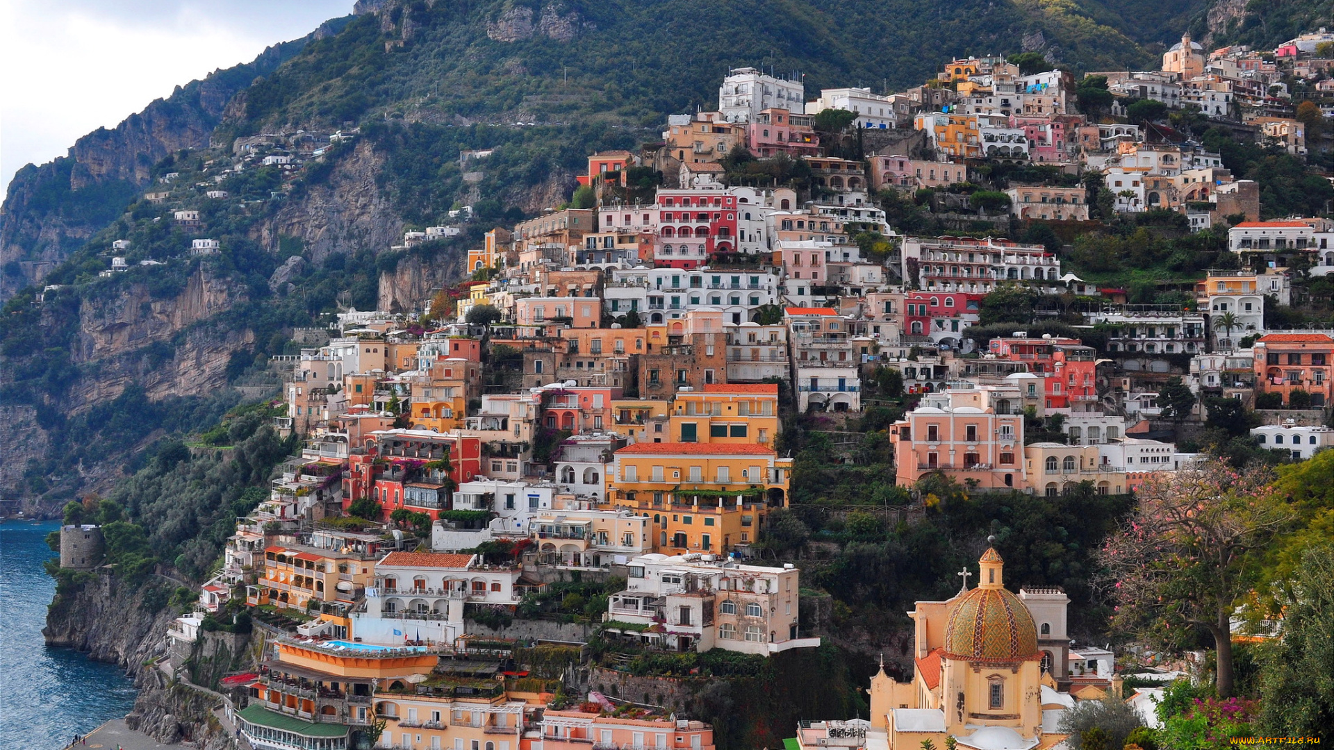 positano, италия, города, амальфийское, и, лигурийское, побережье, , италия, побережье, дома