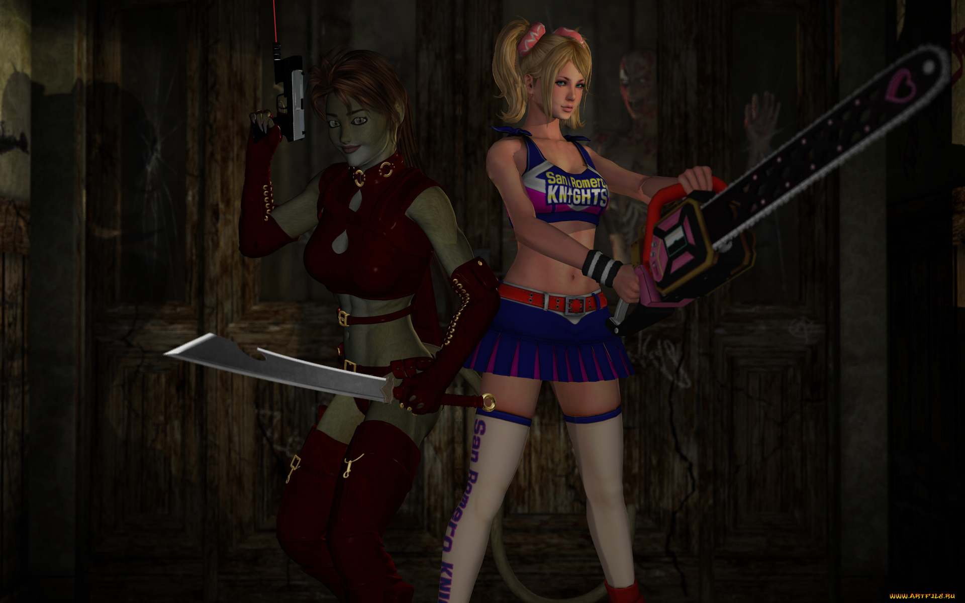 3д, графика, fantasy, , фантазия, девушка, кошка, меч, бензопила