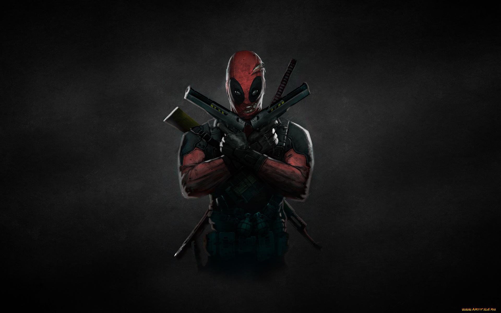 deadpool, рисованные, комиксы, дэдпул, пушки, красный, комикс, темный, фон, оружие