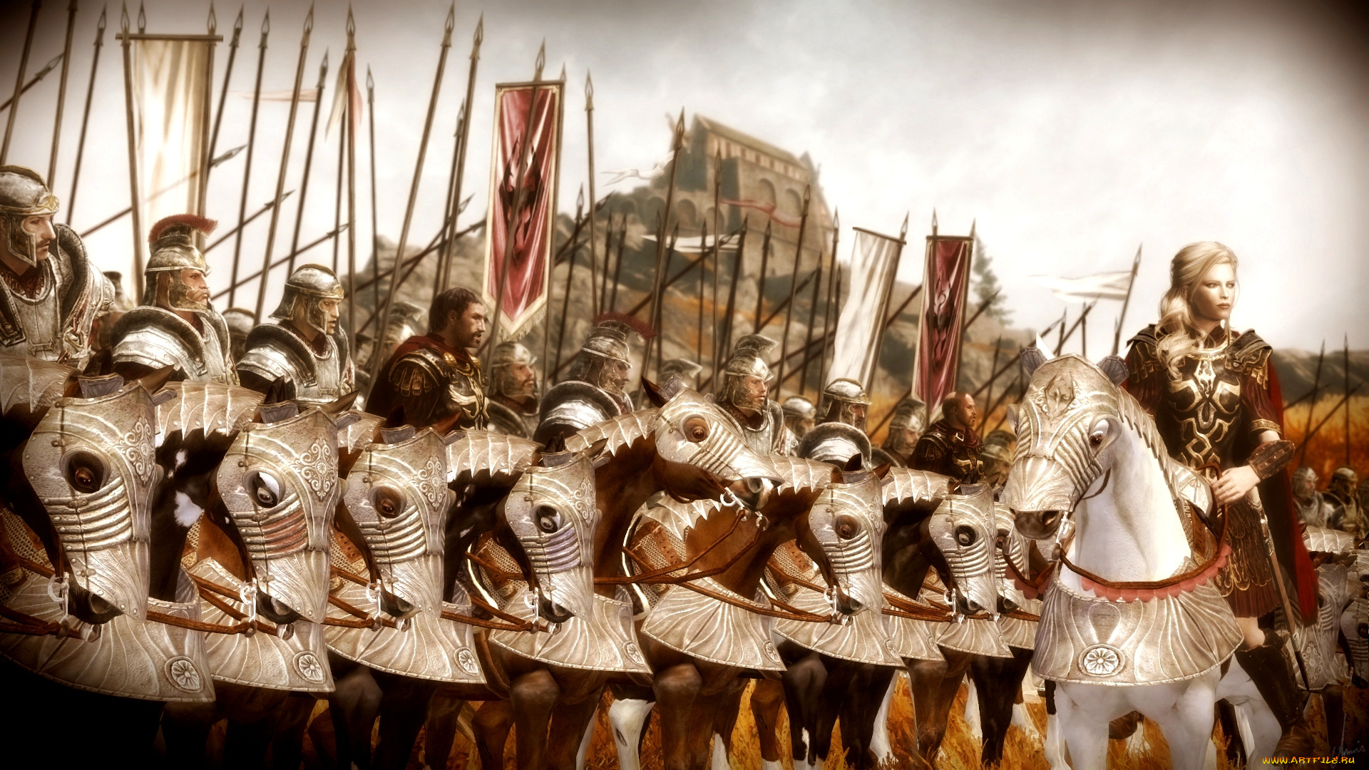 3д, графика, фантазия, , fantasy, девушка, взгляд, фон, лошадь, солдаты