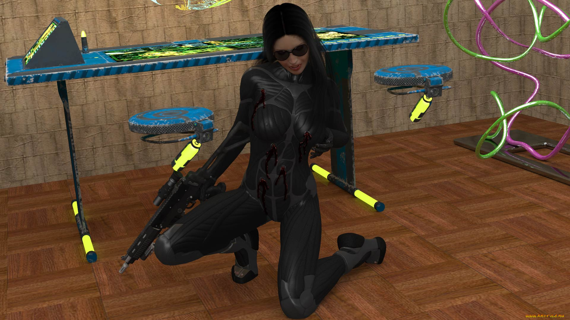 3д, графика, фантазия, , fantasy, девушка, взгляд, фон, оружие