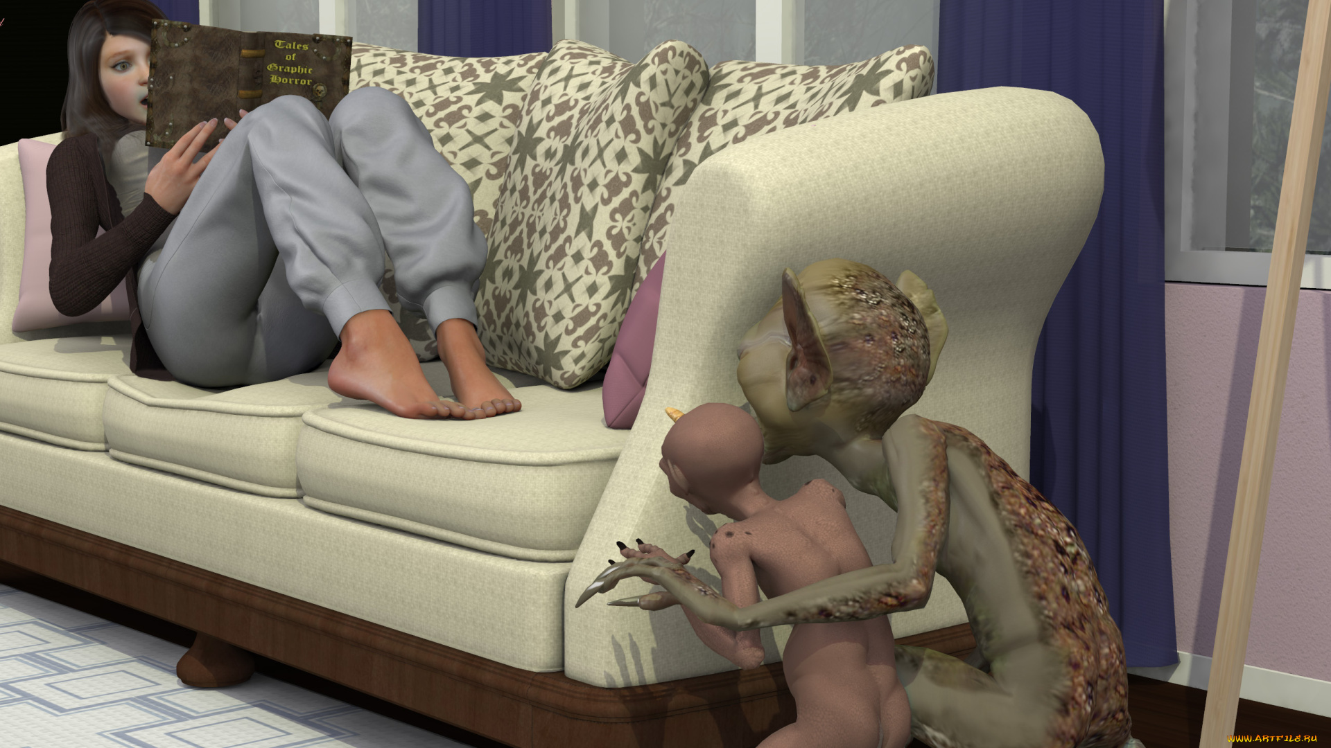 3д, графика, фантазия, , fantasy, фон, взгляд, девушка, орки, диван, книга