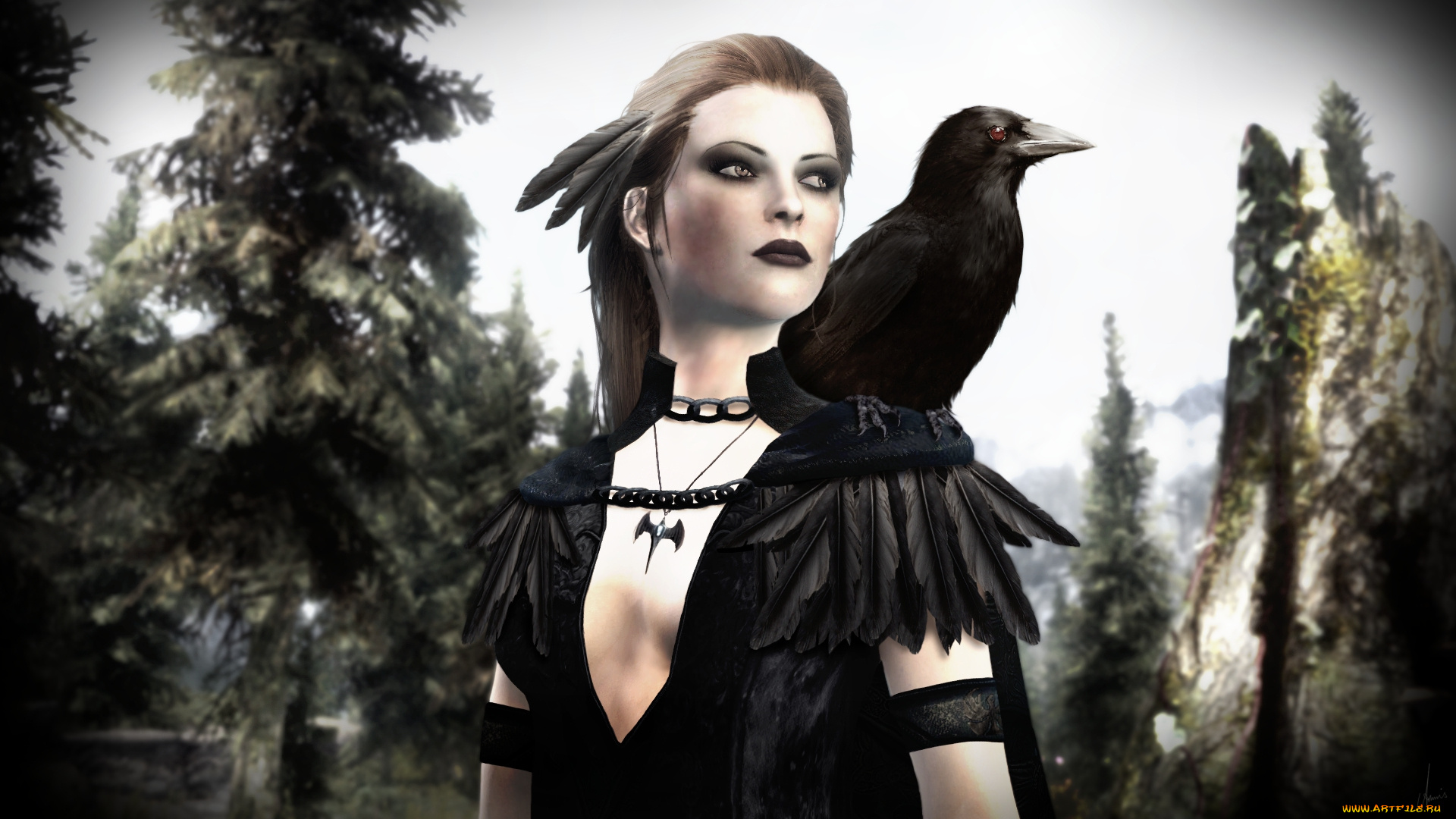 3д, графика, фантазия, , fantasy, ворона, фон, взгляд, девушка