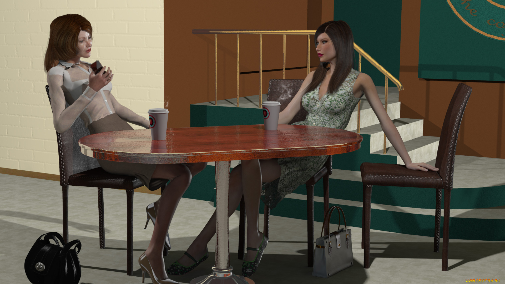3д, графика, люди, , people, девушки, взгляд, фон, стол, стулья