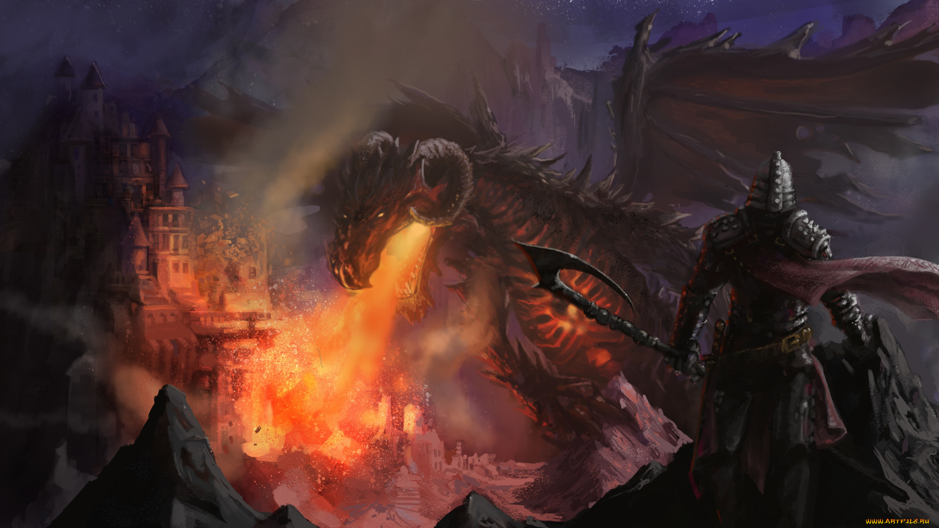 фэнтези, драконы, доспехи, человек, арт, фантастика, ночь, взгляд, огонь, рога, дракон, меч, шлем