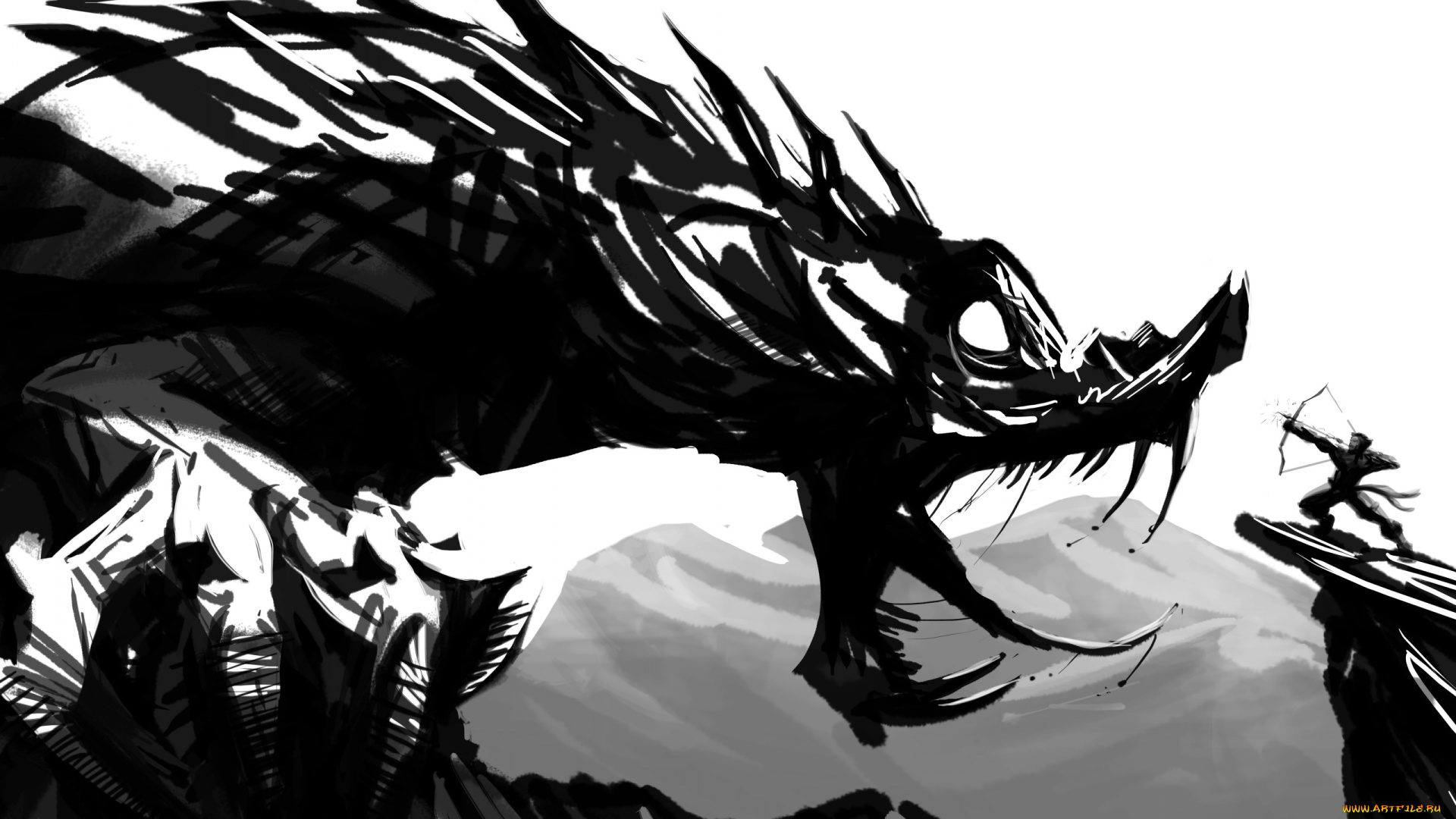 фэнтези, драконы, фантастика, лук, человек, оружие, чёрно-белое, монохромное, скалы, пасть, дракон, арт