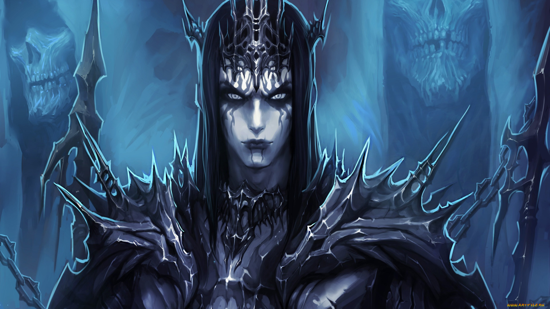 фэнтези, нежить, арт, король, корона, доспехи, брюнет, скелеты, парень