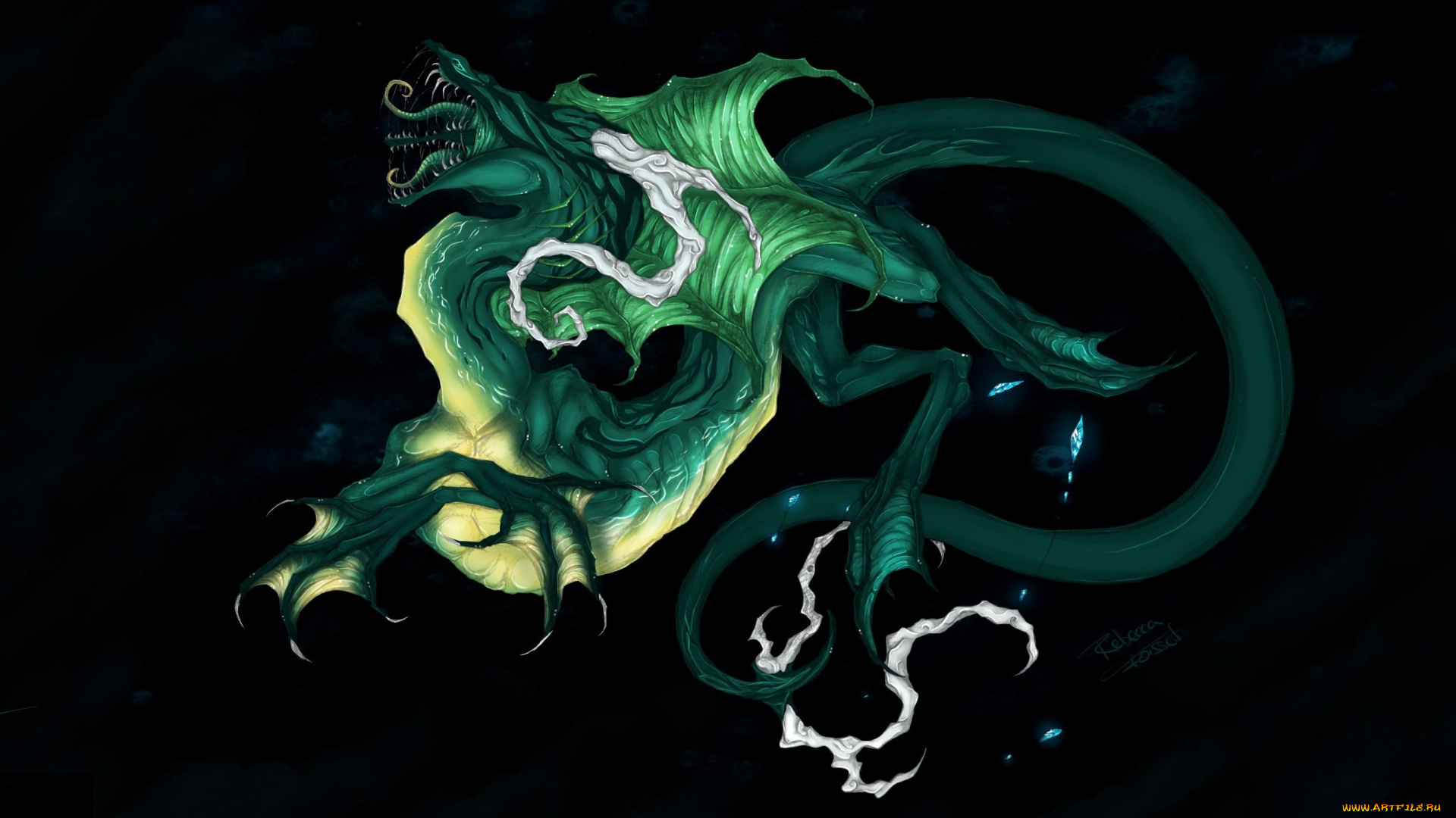фэнтези, существа, зеленый, дракон, фантастика, черный, фон, хвост, пасть, профиль