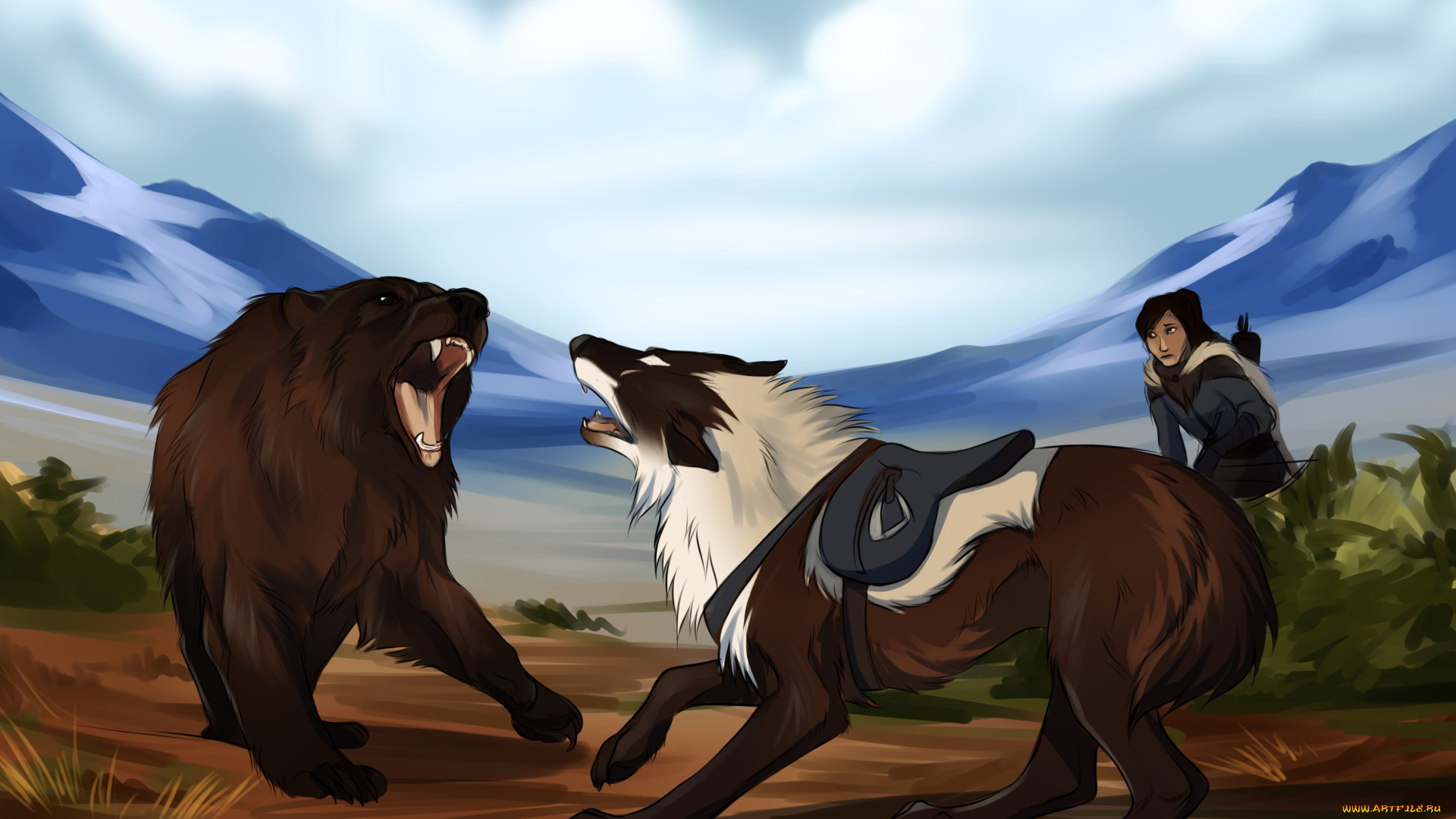 рисованное, -, другое, медведь, охотник, собака