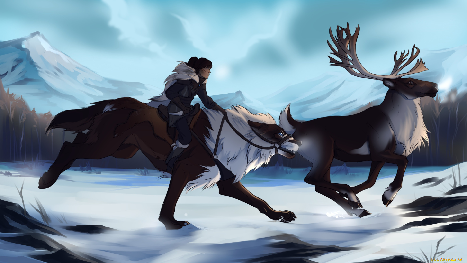 рисованное, -, другое, охотник, олень, собака