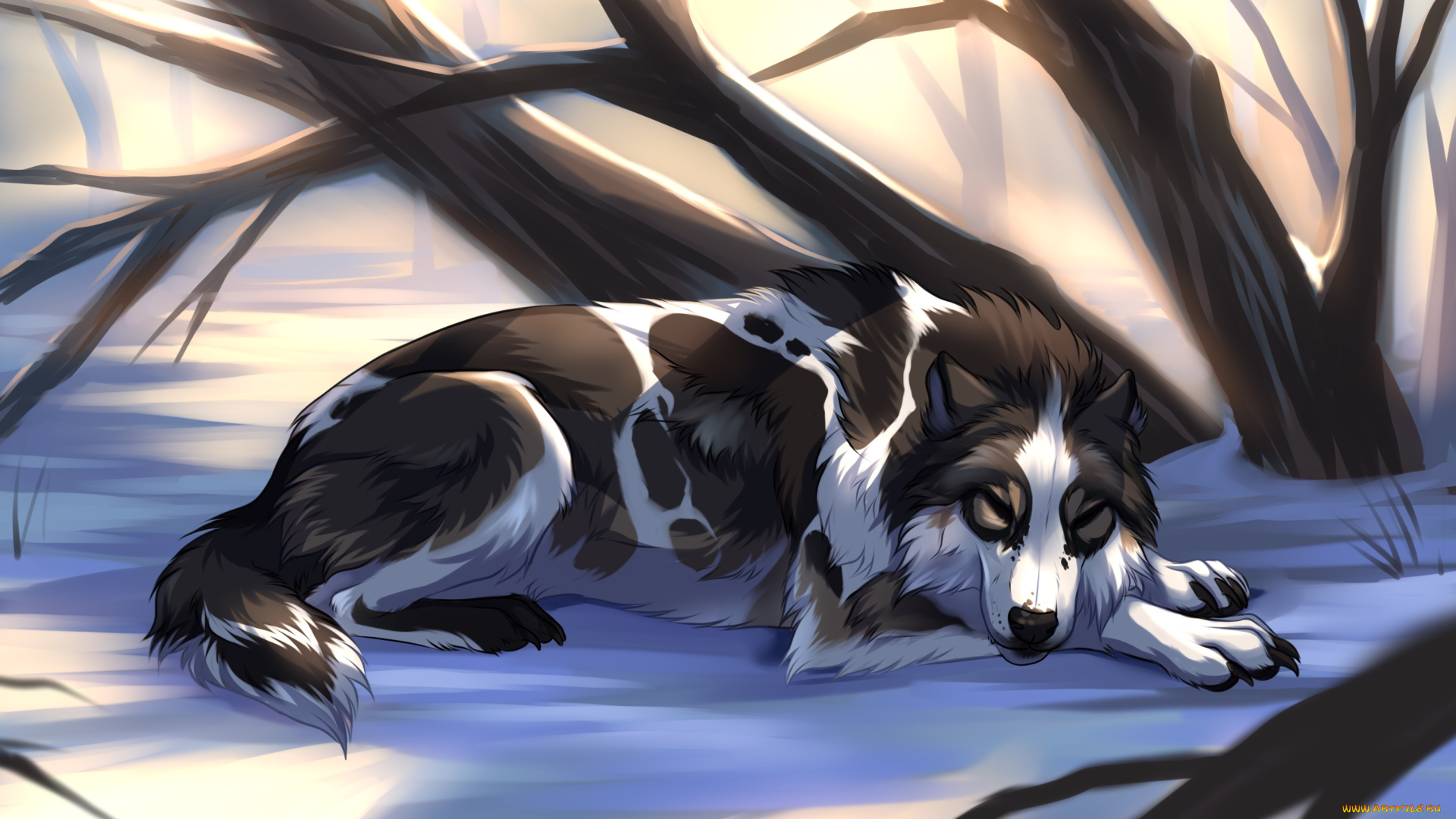 рисованное, животные, , собаки, деревья, собака, снег