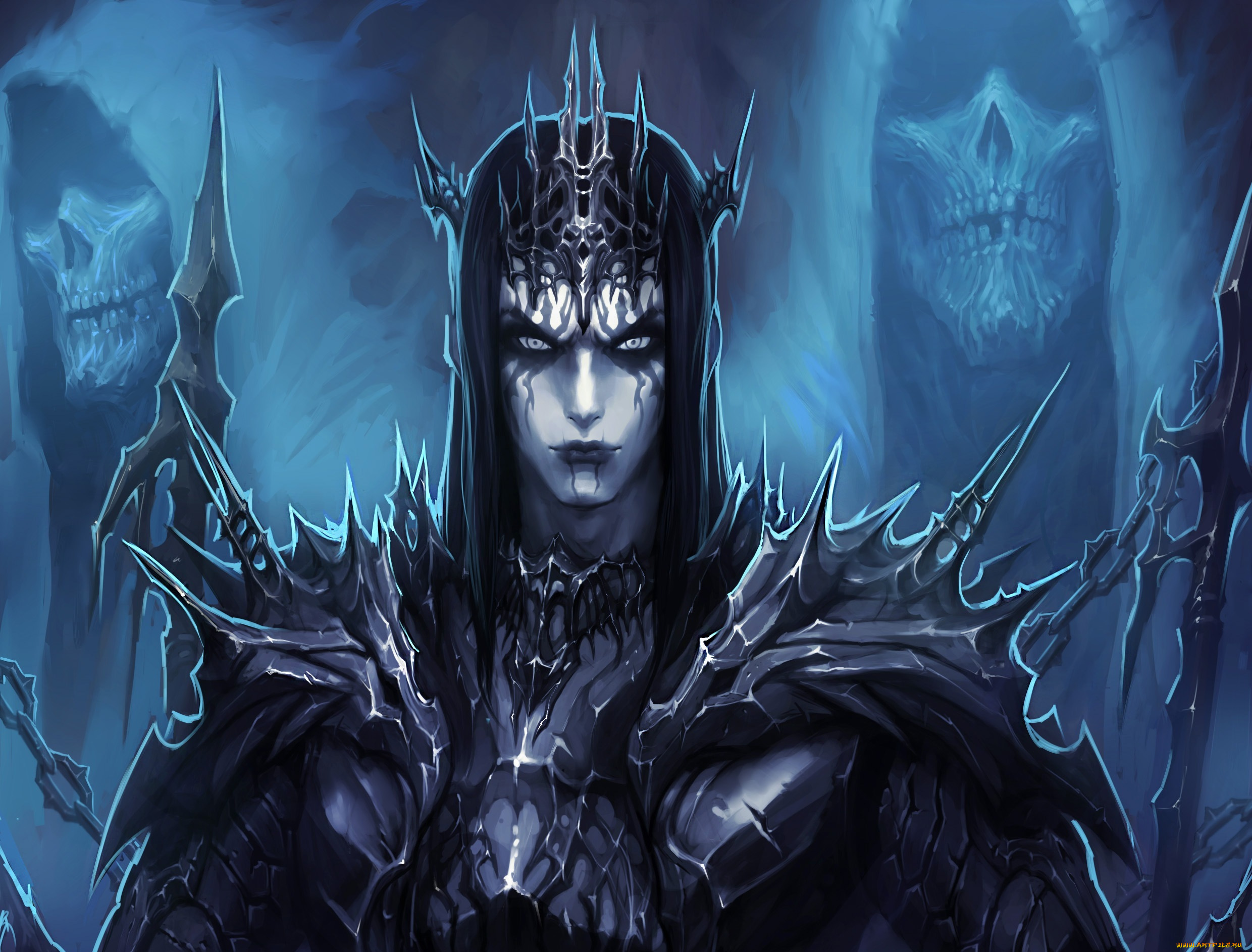 фэнтези, нежить, арт, король, корона, доспехи, брюнет, скелеты, парень