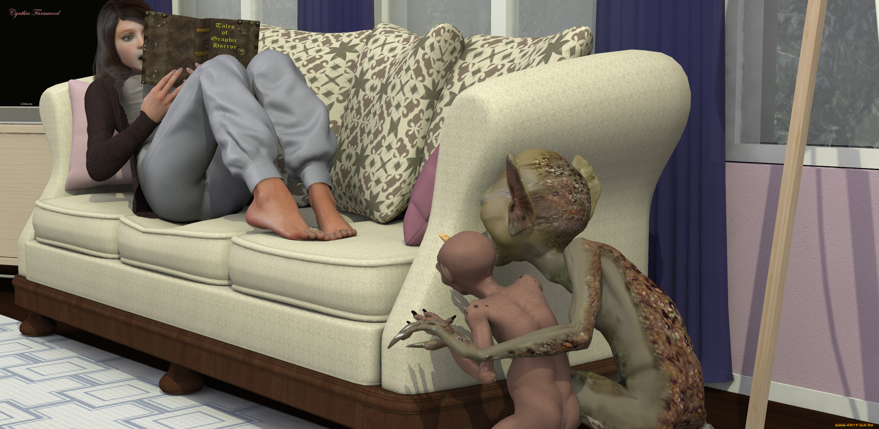 3д, графика, фантазия, , fantasy, фон, взгляд, девушка, орки, диван, книга