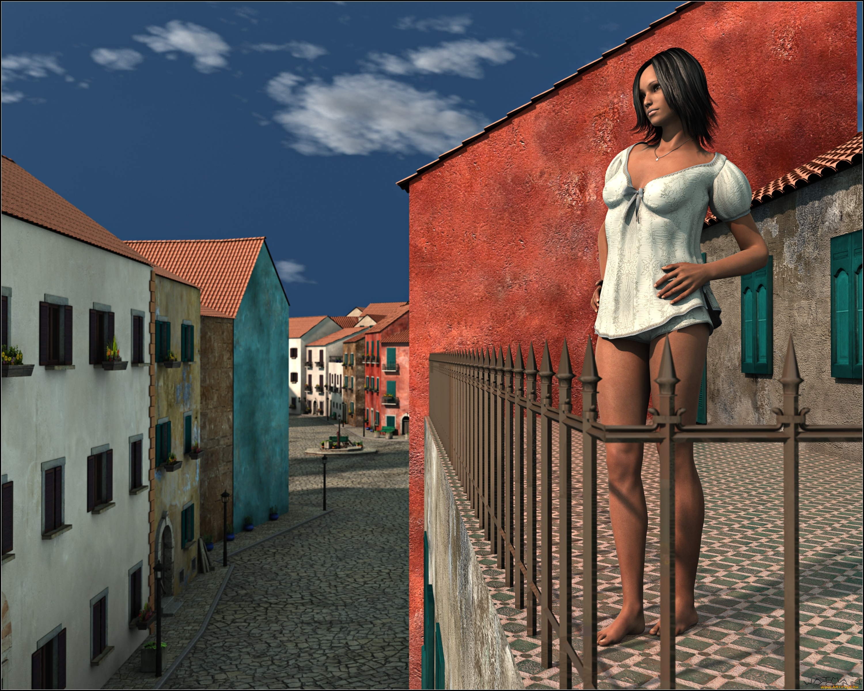 3д, графика, люди, , people, девушка, взгляд, фон, улица, балкон, небо