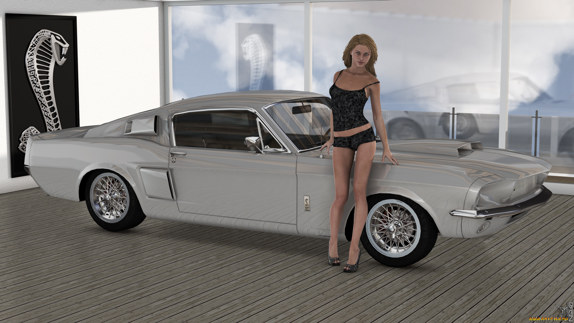 автомобили, 3d, car&girl, автомобиль, фон, взгляд, девушка