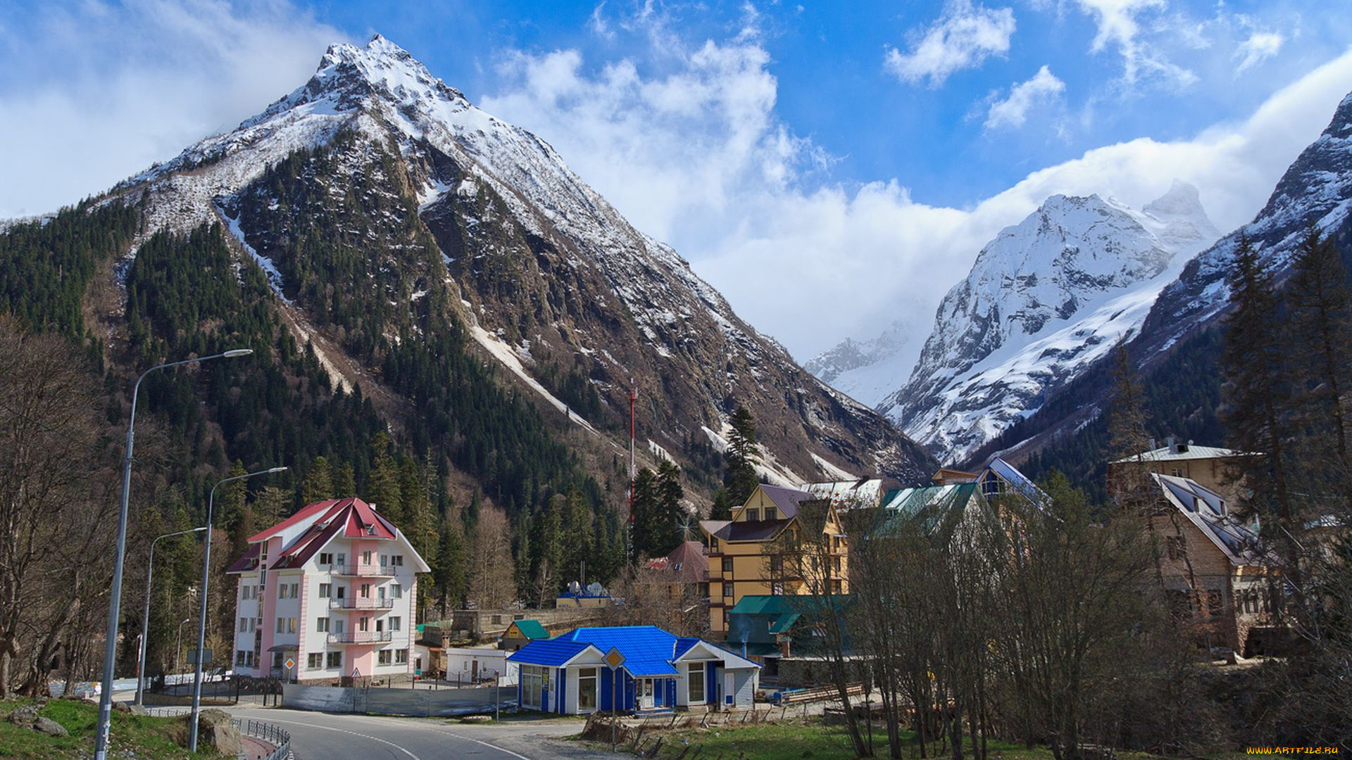 домбай, города, -, пейзажи, горы, дома, посёлок